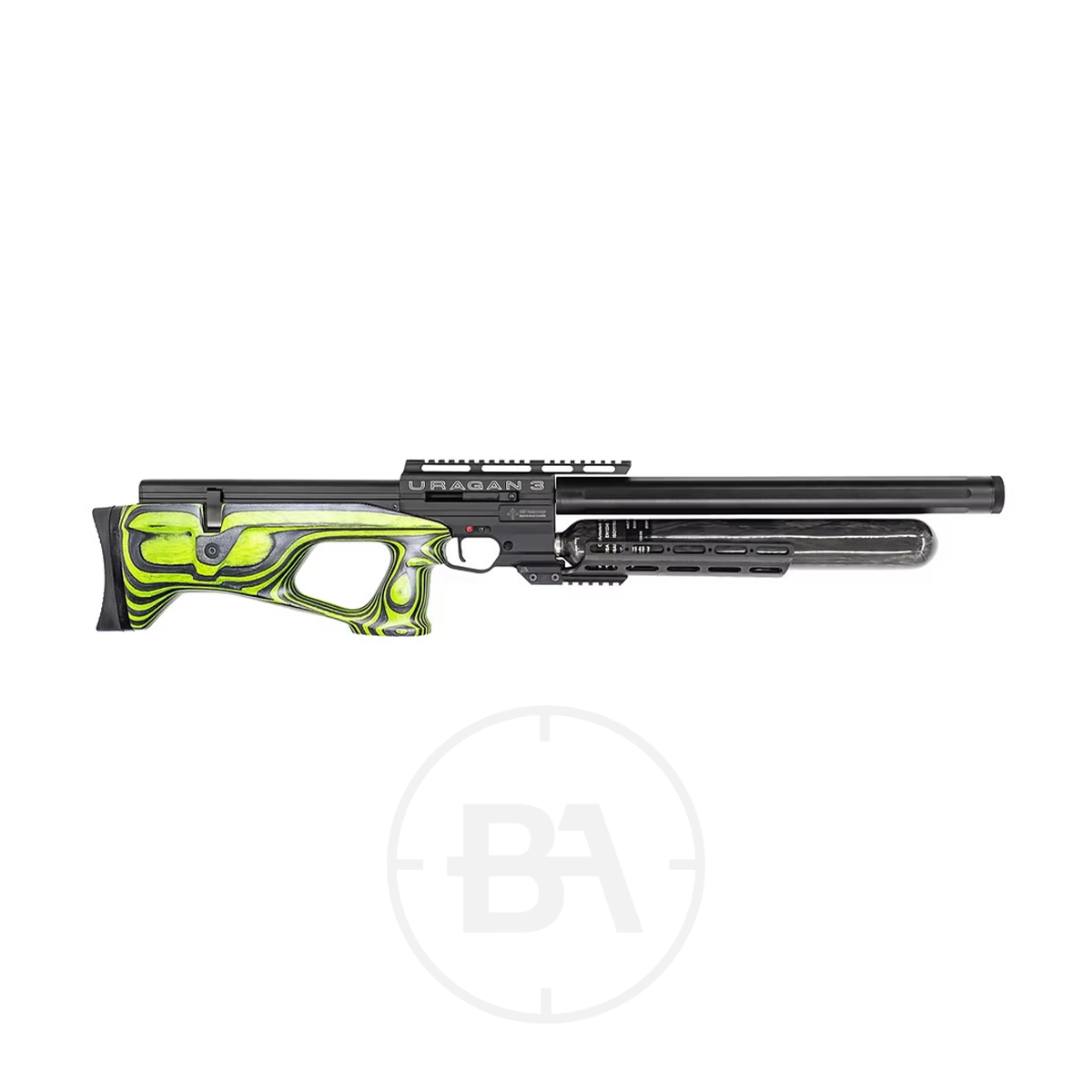 Airgun Technology (AGT) Uragan 3 Bullpup PCP Air Rifle 19 A black and green Uragan 3 Bullpup PCP Air Rifle with a long barrel and a patterned stock, displayed on a white background.