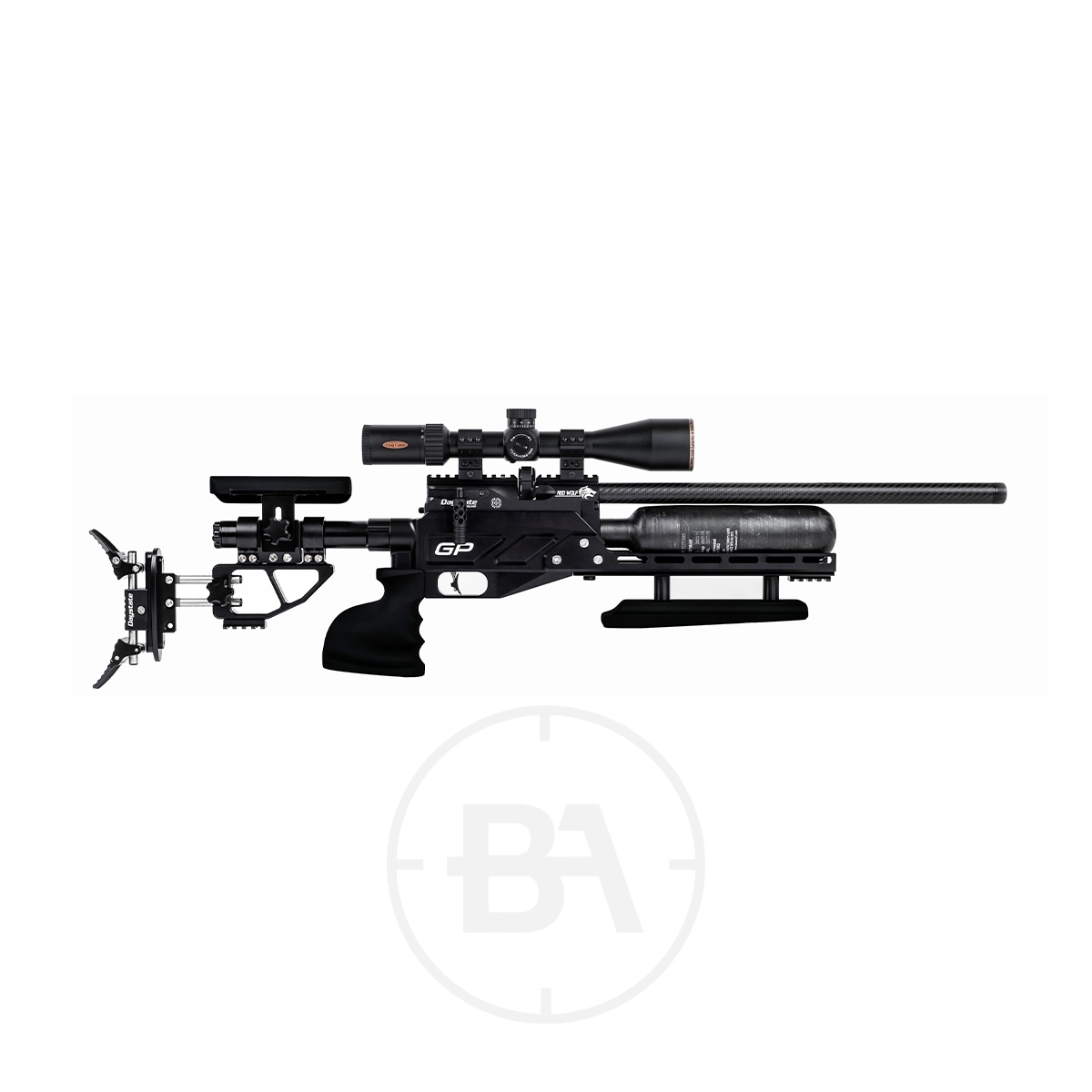 Daystate Red Wolf Grand Prix Field Target Rifle 1 Side view of a Daystate Red Wolf Field Target Rifle in .177 caliber with a mounted scope, adjustable stock, and carbon fiber air tank, displayed on a white background.