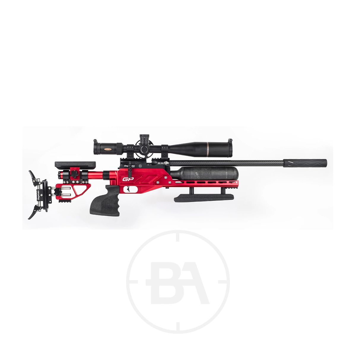 Daystate Red Wolf Grand Prix Field Target Rifle 3 Red and black Daystate Red Wolf Field Target Rifle in .177 caliber, featuring a scope, adjustable stock, and bipod attachment, displayed on a white background with a faint circular BA logo beneath.