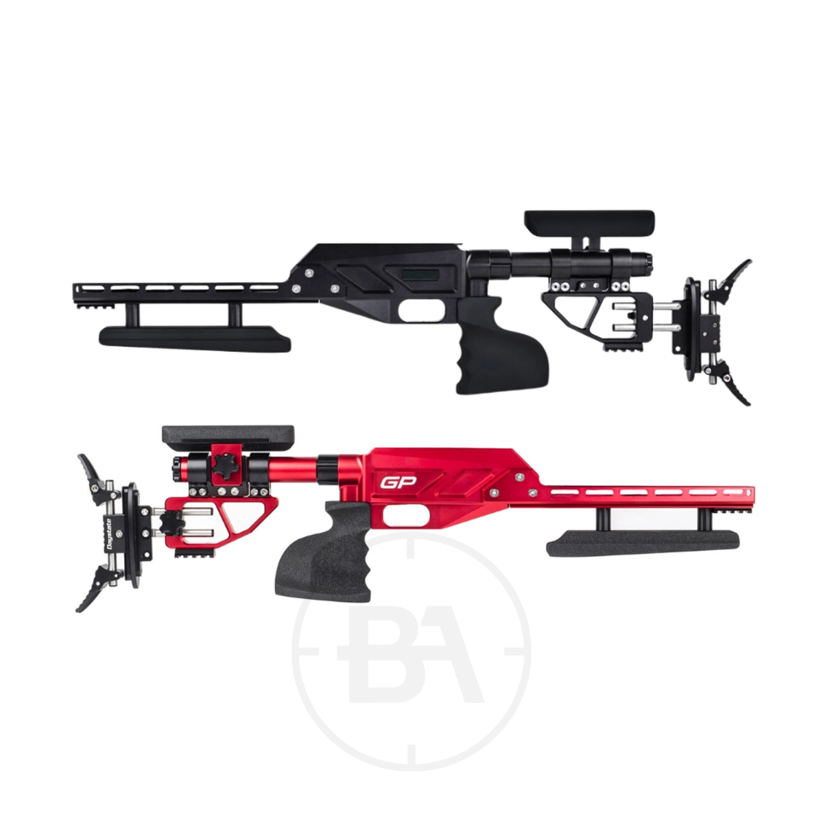 Daystate Red Wolf GP Stock 1 The Red Wolf GP Stock, shown in striking red and sleek black on a white background, features adjustable cheek rests and shoulder pads on both models.