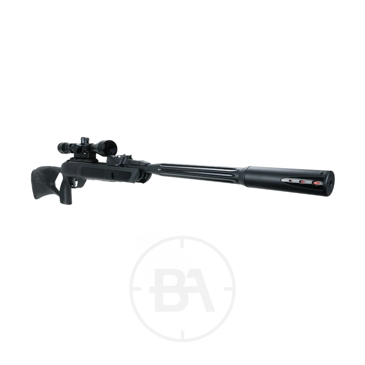 Gamo Swarm Roadster Gen 2 Spring Air Rifle With Scope 3 A black Gamo Swarm Roadster Gen 2 Spring Air Rifle with scope is shown with an extended suppressor on a white background.