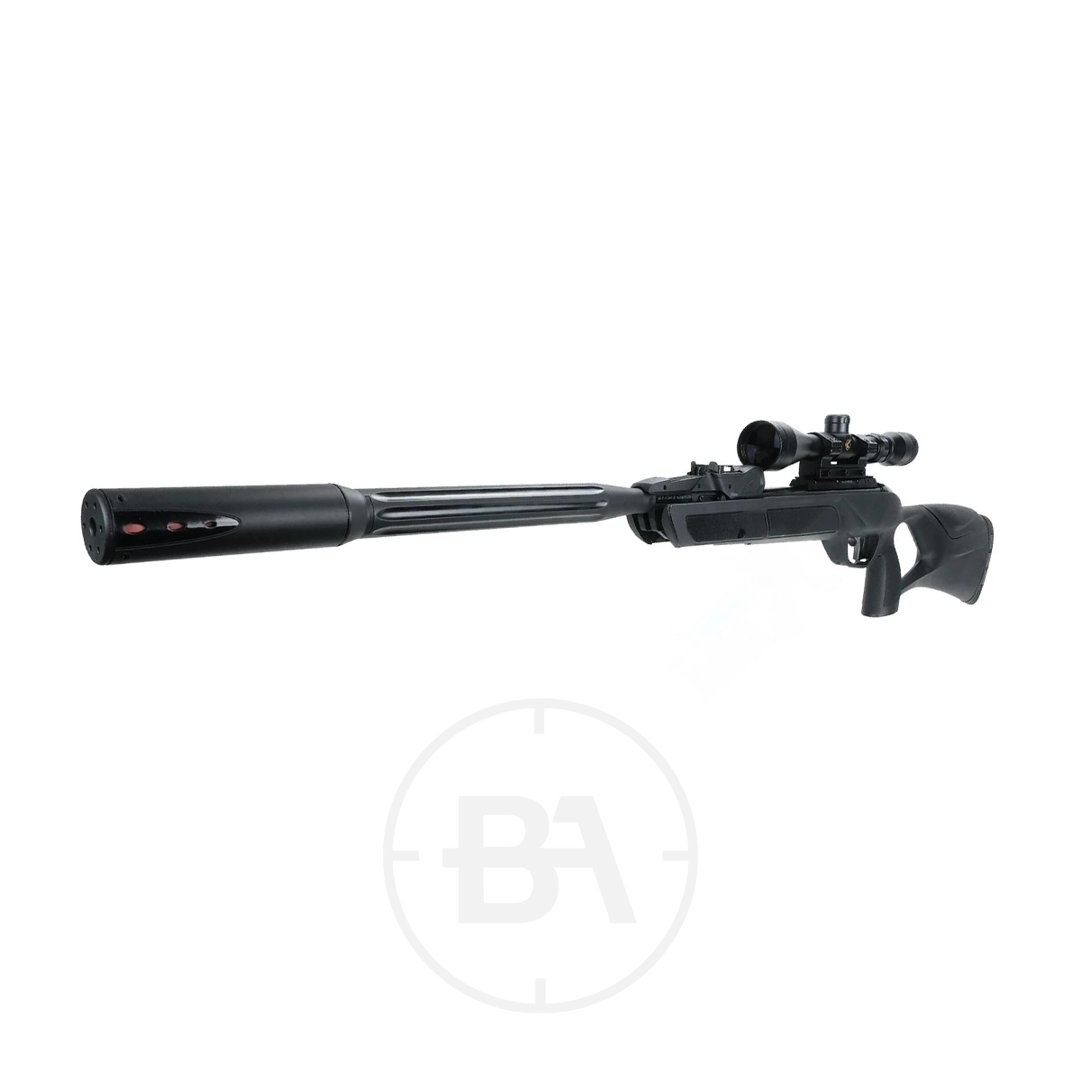 Gamo Swarm Roadster Gen 2 Spring Air Rifle With Scope 5 The Gamo Swarm Roadster Gen 2 Spring Air Rifle with Scope, featuring a black synthetic stock and long silencer, is shown on a white background.