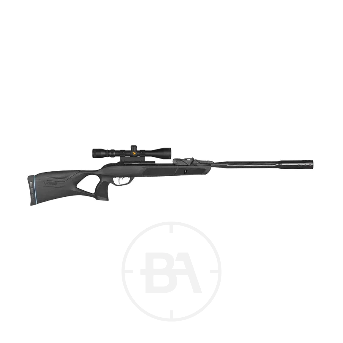 Gamo Swarm Roadster Gen 2 Spring Air Rifle With Scope 1 The Gamo Swarm Roadster Gen 2 Spring Air Rifle with scope, featuring a black synthetic stock, is displayed on a white background.