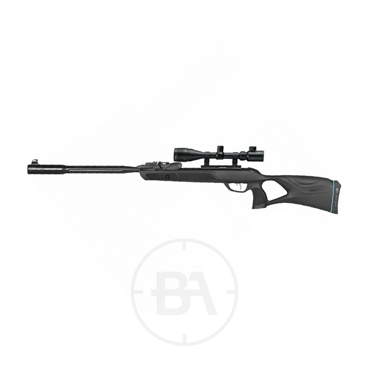 Gamo Swarm Roadster Gen 2 Spring Air Rifle With Scope 7 A Gamo Swarm Roadster Gen 2 Spring Air Rifle with scope, featuring a synthetic stock and textured grip, is displayed on a white background.
