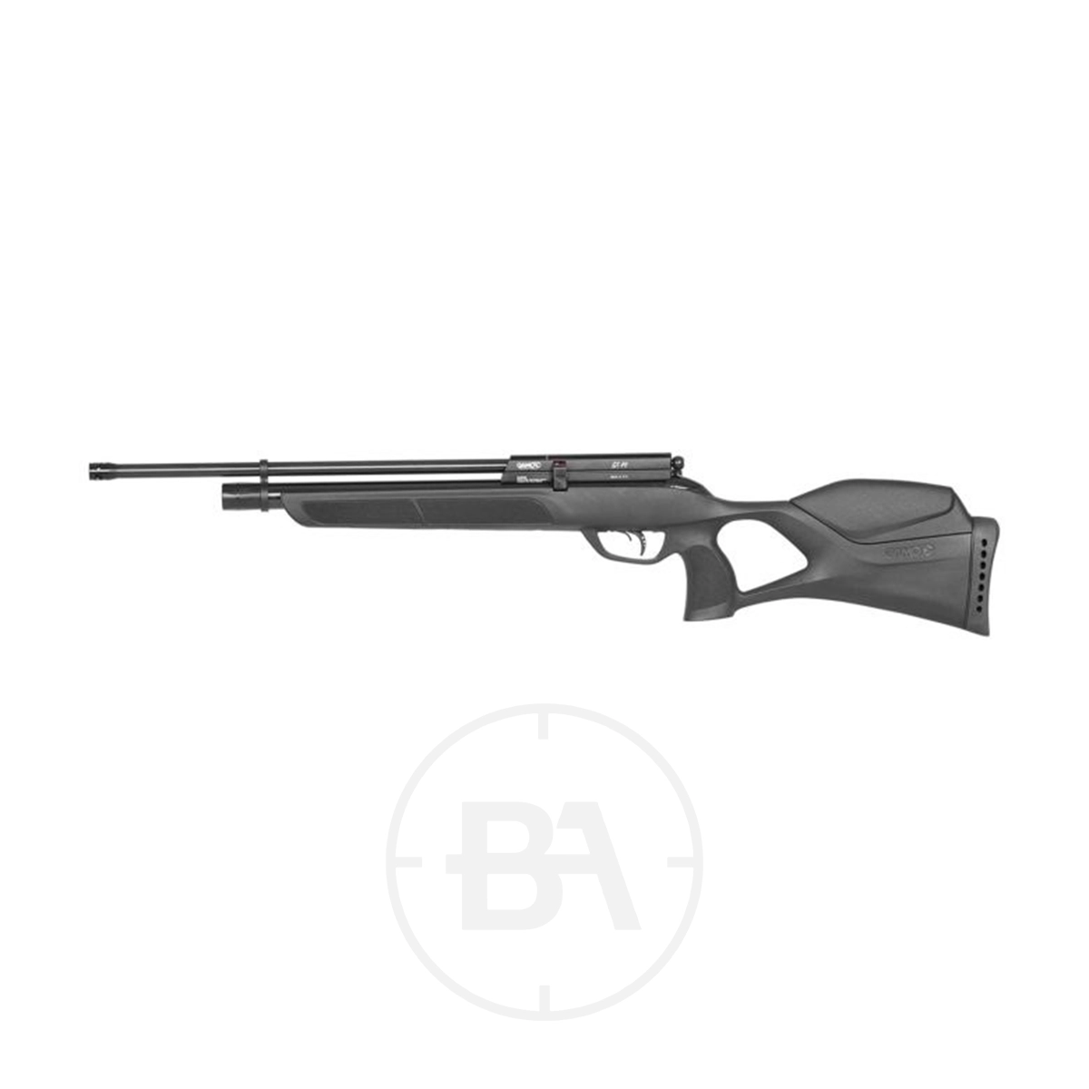 Gamo GX-40 PCP Air Rifle 3 The Gamo GX-40 PCP Air Rifle, featuring a black synthetic stock, long barrel, and ergonomic grip, is displayed on a plain white background.