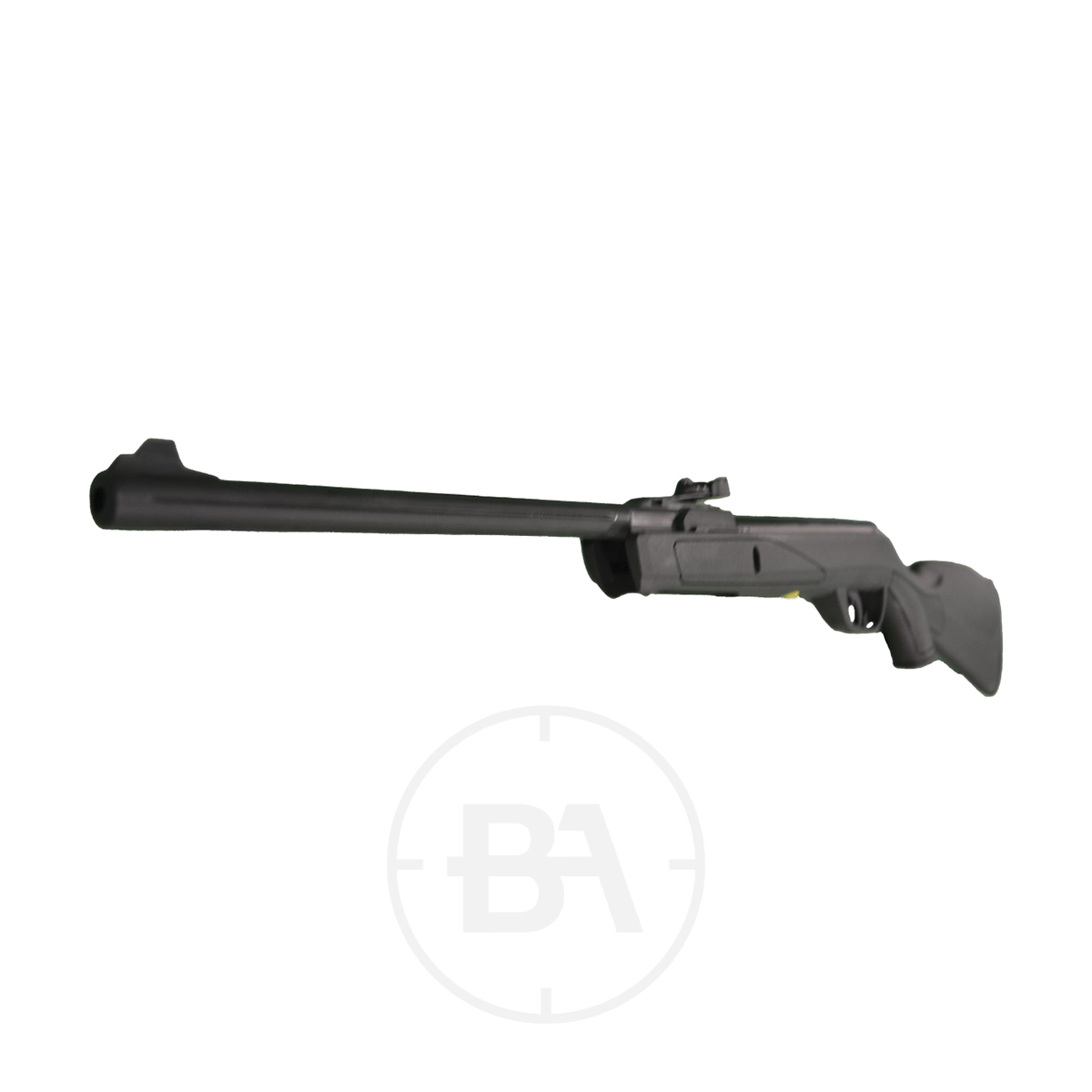 Gamo Delta Spring Air Rifle 7 The Gamo Delta Spring Air Rifle .177 features a black synthetic stock and break-barrel spring action, shown against a white background.