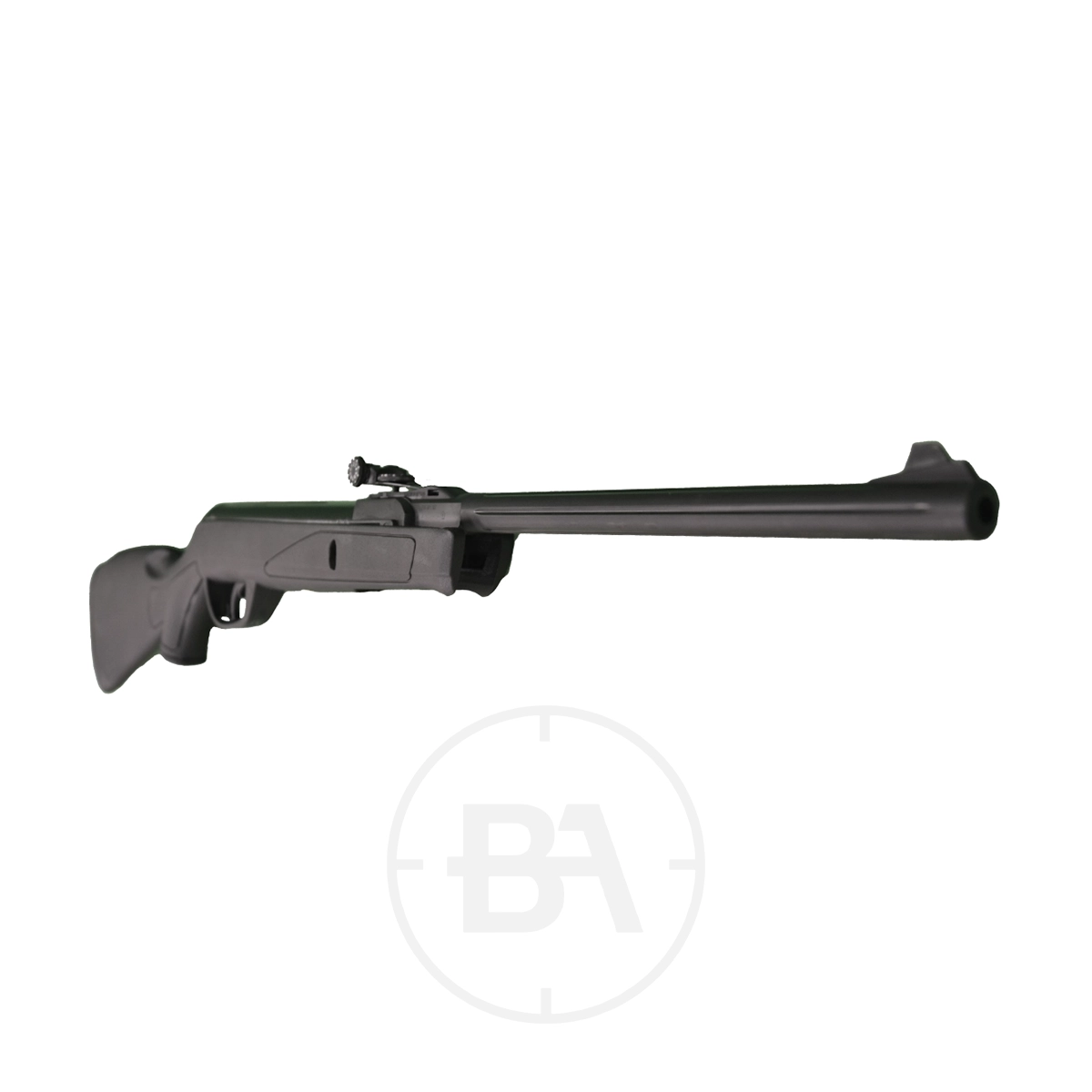 Gamo Delta Spring Air Rifle 3 A Gamo Delta Spring Air Rifle .177 in black with a short barrel and bolt-action, displayed in side view against a white background.
