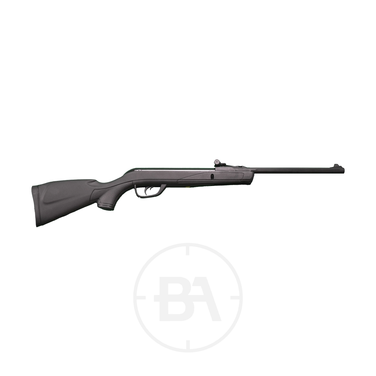 Gamo Delta Spring Air Rifle 1 A Gamo Delta Spring Air Rifle .177 with a black synthetic stock and long barrel, shown against a white background.