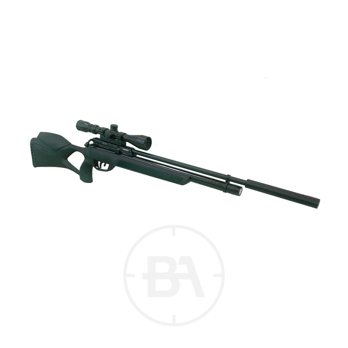 Gamo GX-250 PCP Air Rifle With Scope & Silencer 7 A black air rifle with a scope and a synthetic stock is displayed on a white background.