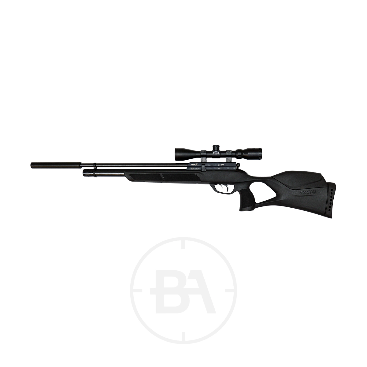 Gamo GX-250 PCP Air Rifle With Scope & Silencer 5 Black air rifle with a mounted scope, shown in a side profile on a plain white background.