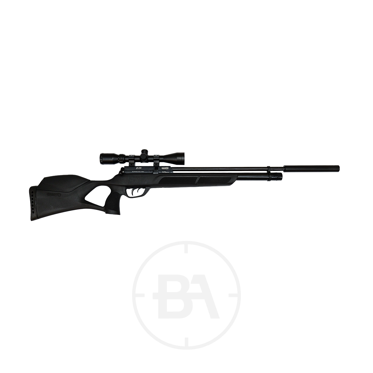 Gamo GX-250 PCP Air Rifle With Scope & Silencer 1 Black air rifle with a scope attachment, viewed from the side against a white background.