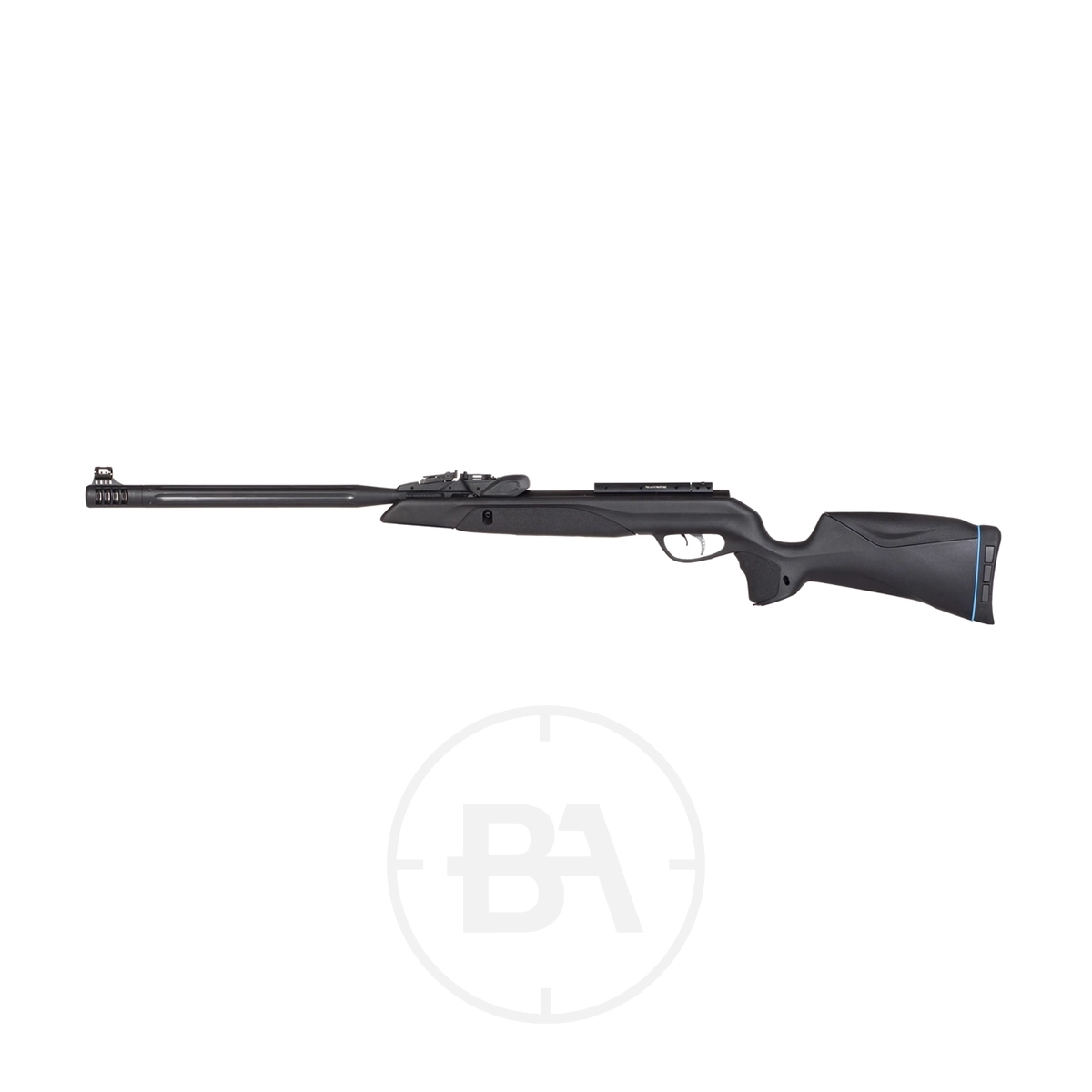 Gamo Swarm Speedster Gen 2 Multi Shot Spring Air Rifle With Scope 5 The Gamo Swarm Speedster Gen 2 Spring Air Rifle with scope, featuring a synthetic stock, long barrel, and adjustable rear sight, is shown on a white background.