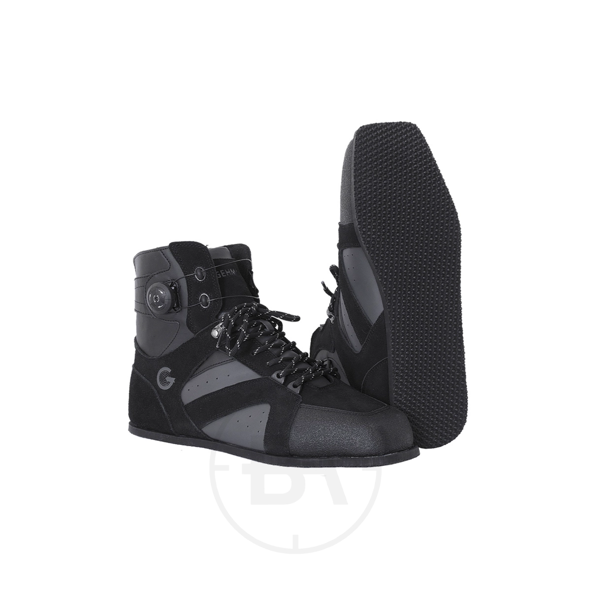 Gehmann Rifle Shoes 1 Gehmann Rifle Shoes: Black and gray high-tops with textured soles, laces, and a Gehmann-inspired side adjustment knob.