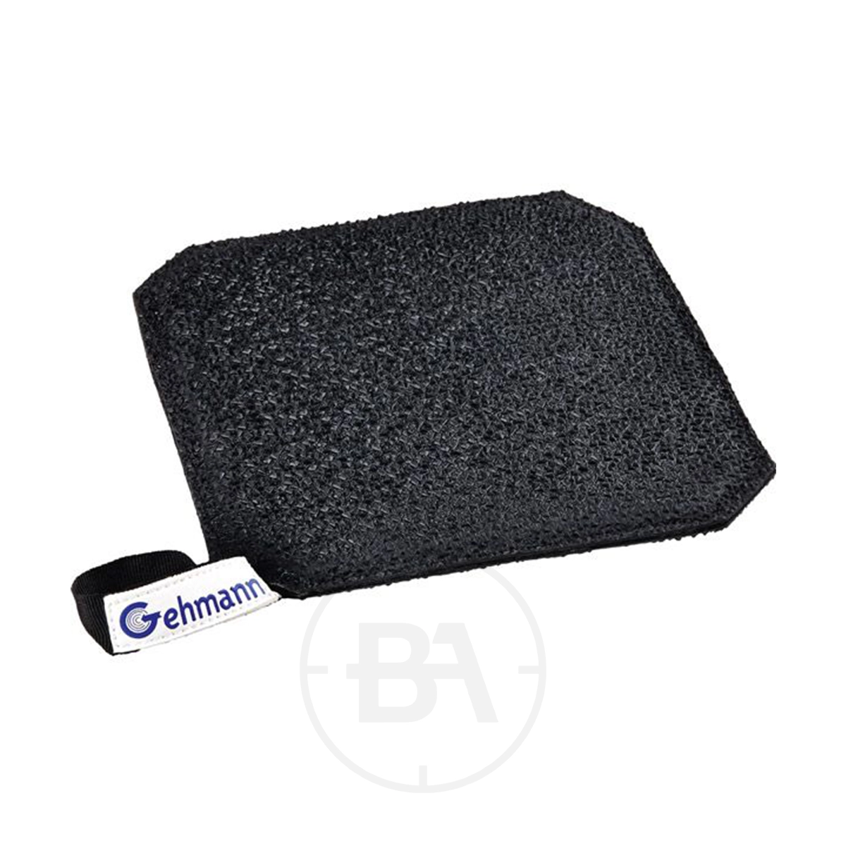 Gehmann Rubber Grip Pad 1 The Gehmann Rubber Grip Pad is a textured black kneeling roll with a rectangular shape and a branded fabric handle on one corner.