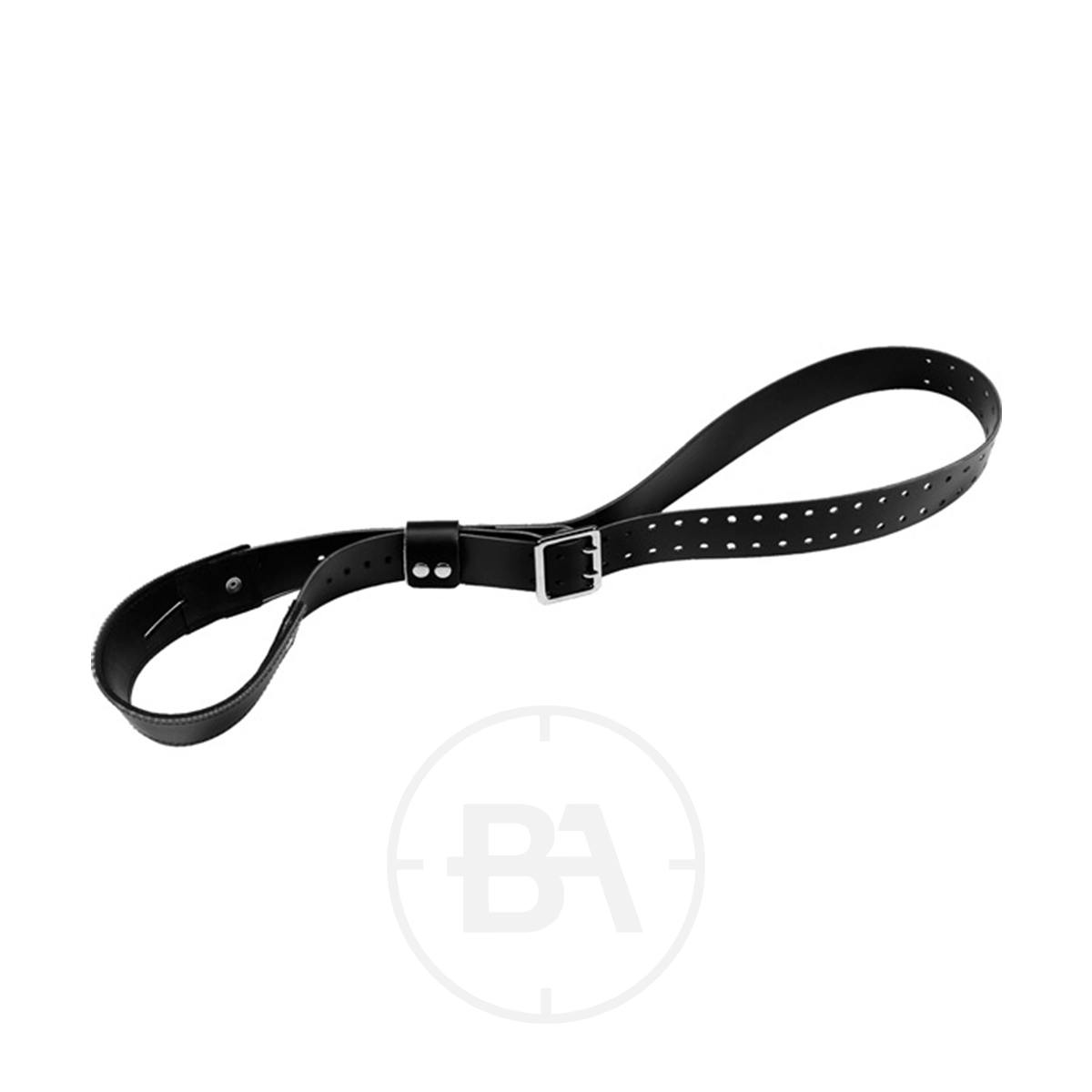 Gehmann Synthetic Single Point Sling 1 The Gehmann Synthetic Single Point Sling, black and adjustable with a buckle and multiple holes, is coiled in a loose loop on a white background.