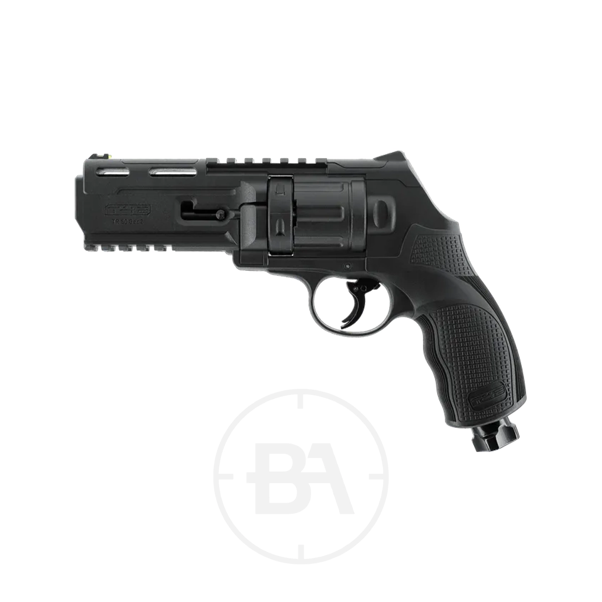 Umarex T4E TR50 HDR 50 Gen2 Paintball Revolver With 50x Paintballs 1 Umarex T4E TR 50 Gen 2 CO2 Paintball Revolver with a textured grip and rail system, shown on a white background, comes with 50 paintballs.