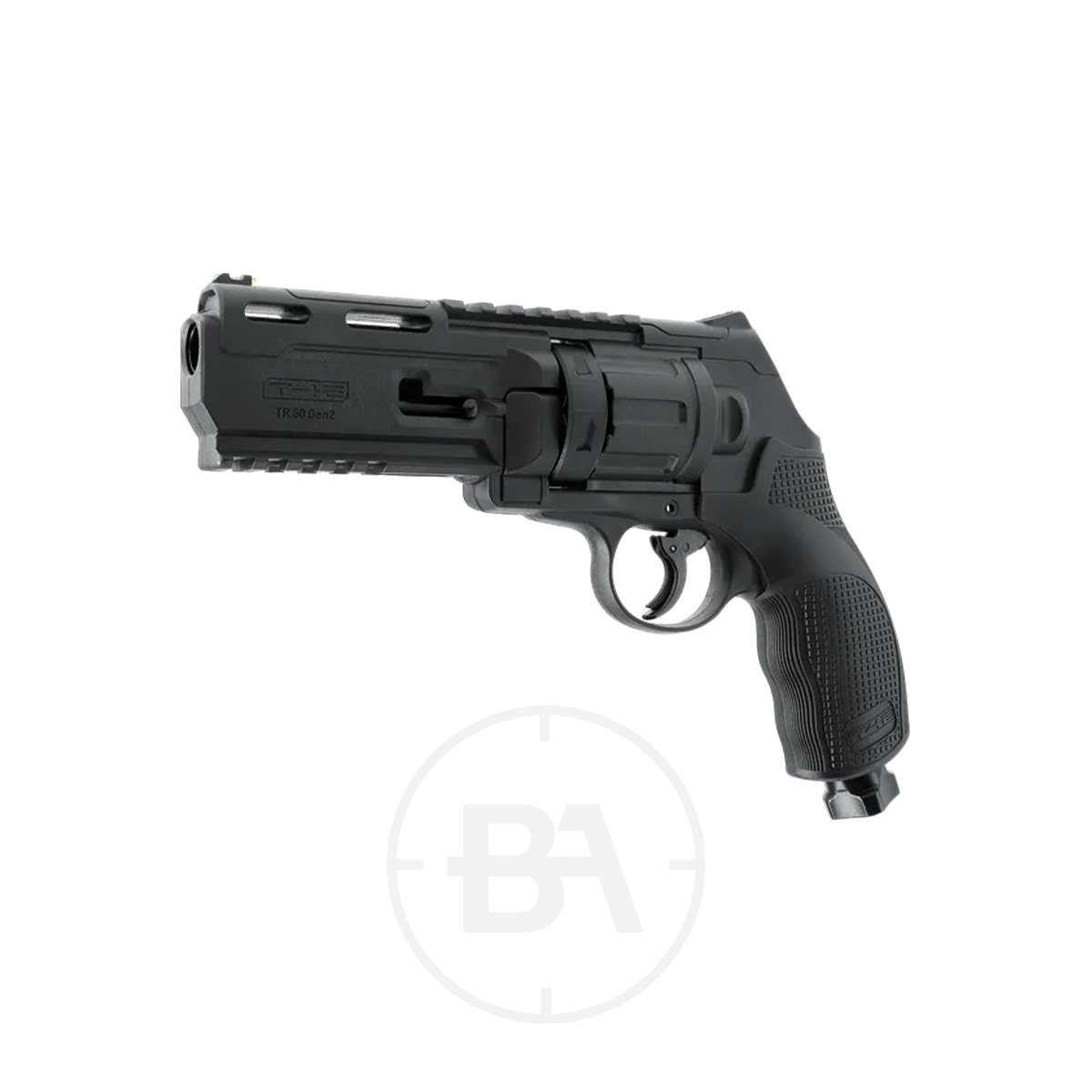 Umarex T4E TR50 HDR 50 Gen2 Paintball Revolver With 50x Paintballs 3 The Umarex T4E TR 50 Gen 2 CO2 Paintball Revolver with 50 paintballs, featuring a modern black design, textured grip, and vented barrel, is displayed angled left on a white background.