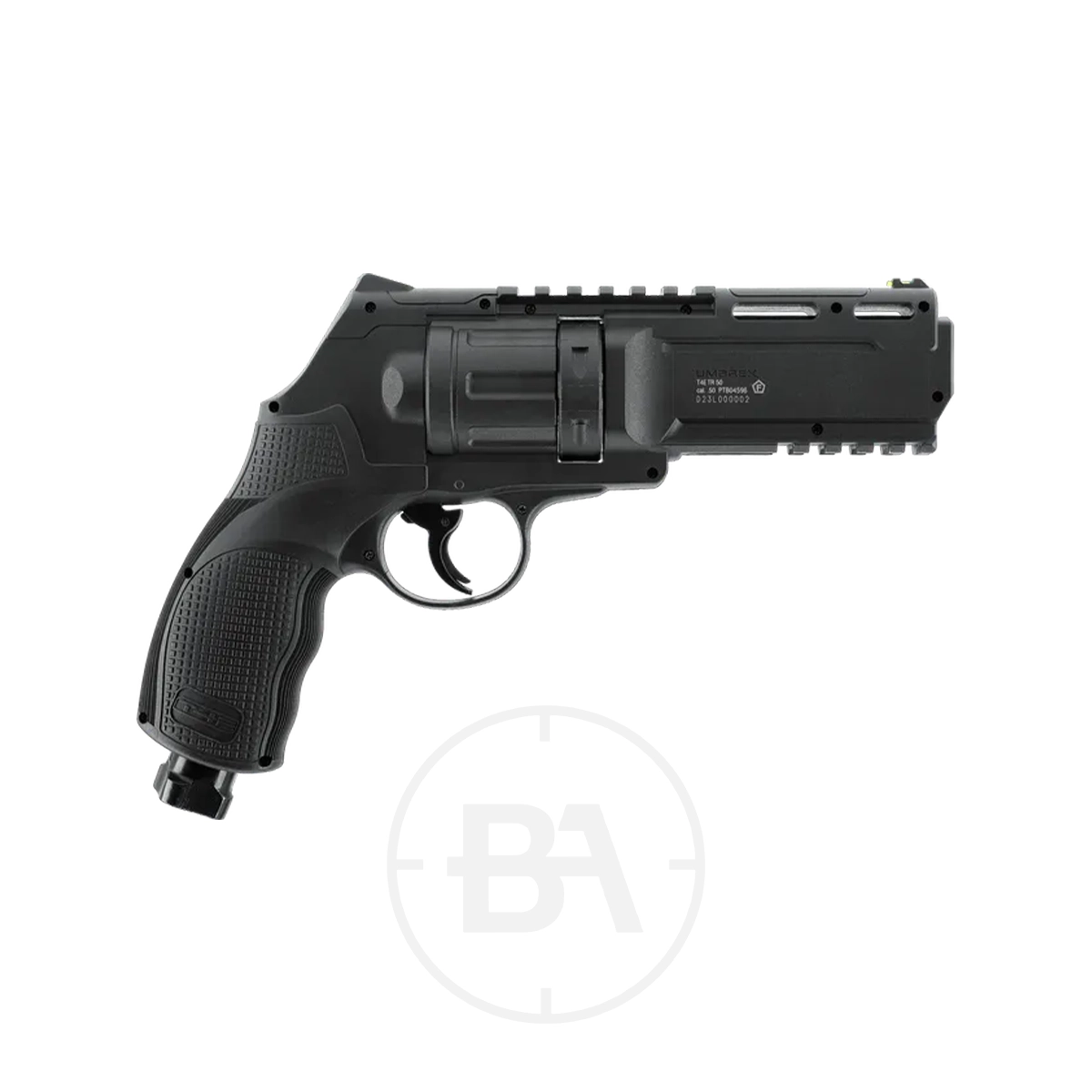 Umarex T4E TR50 HDR 50 Gen2 Paintball Revolver With 50x Paintballs 5 The Umarex T4E TR 50 Gen 2 CO2 Paintball Revolver with 50 paintballs is a black semi-automatic revolver featuring a textured grip, visible trigger, and accessory rails, shown on a plain white background.