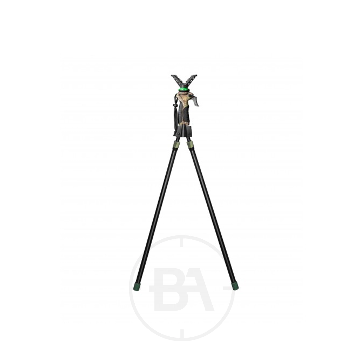 Fiery Deer Gen 3 Bipod Shooting Stick 1 A camera tripod with fully extended legs and a mounted green and black Fiery Deer Gen 3 Bipod Shooting Stick is shown against a plain white background.
