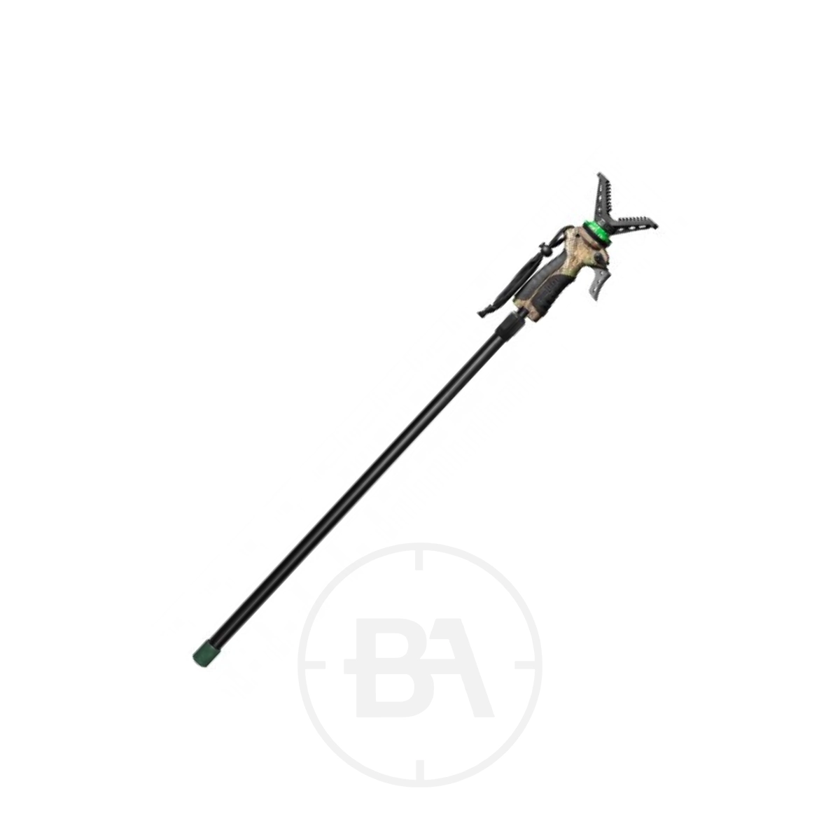 Fiery Deer Gen 3 Mono Shooting Stick 1 The Fiery Deer Gen 3 Mono Shooting Stick features a sturdy black pole with green accents and a saw blade at the cutting head, offering reliable reach and precision for pruning tasks.