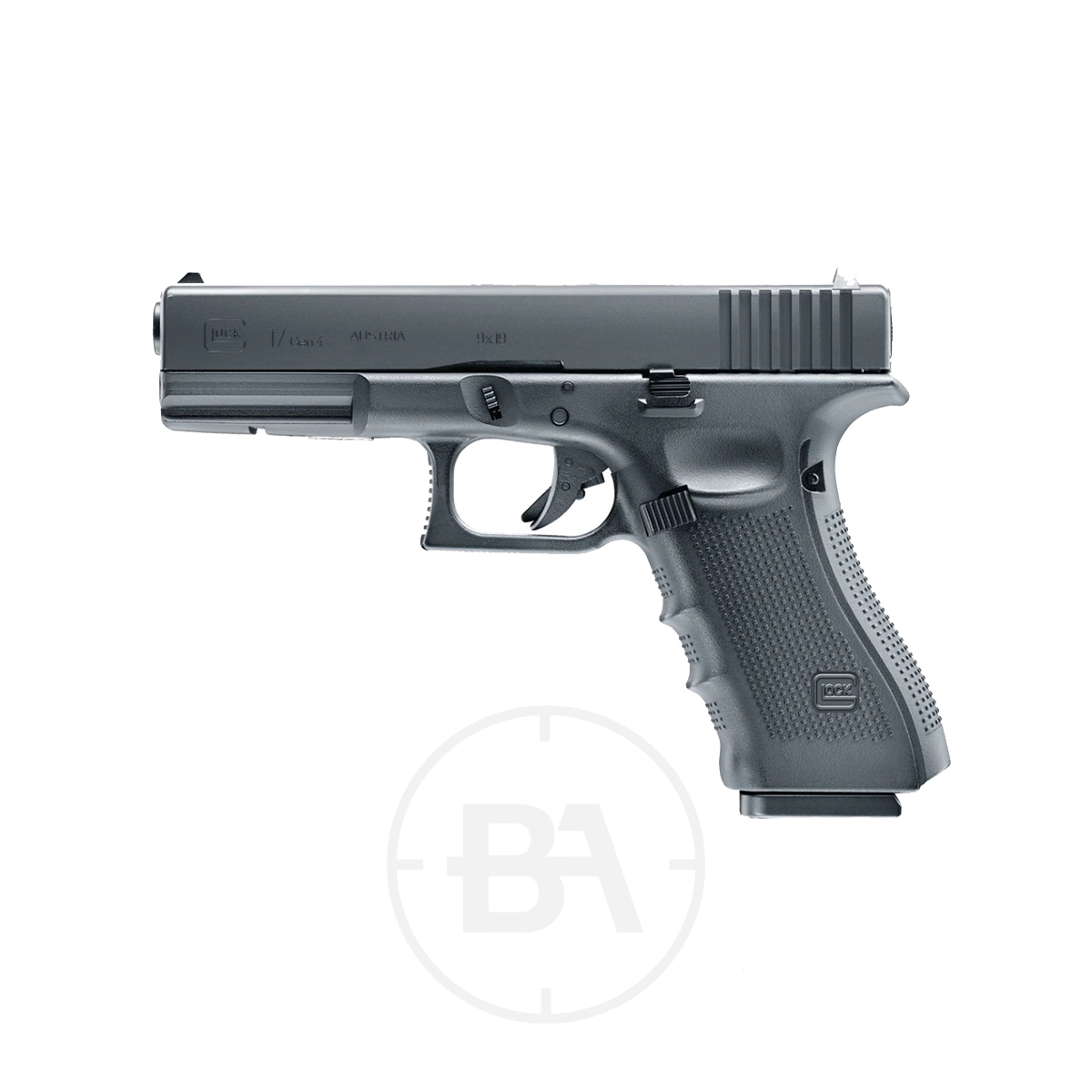 Glock 17 Gen4 CO2 BB Pistol 1 Side view of a Glock 17 Gen4 CO2 BB Pistol in black with textured grip, visible trigger, and slide, photographed against a plain white background.
