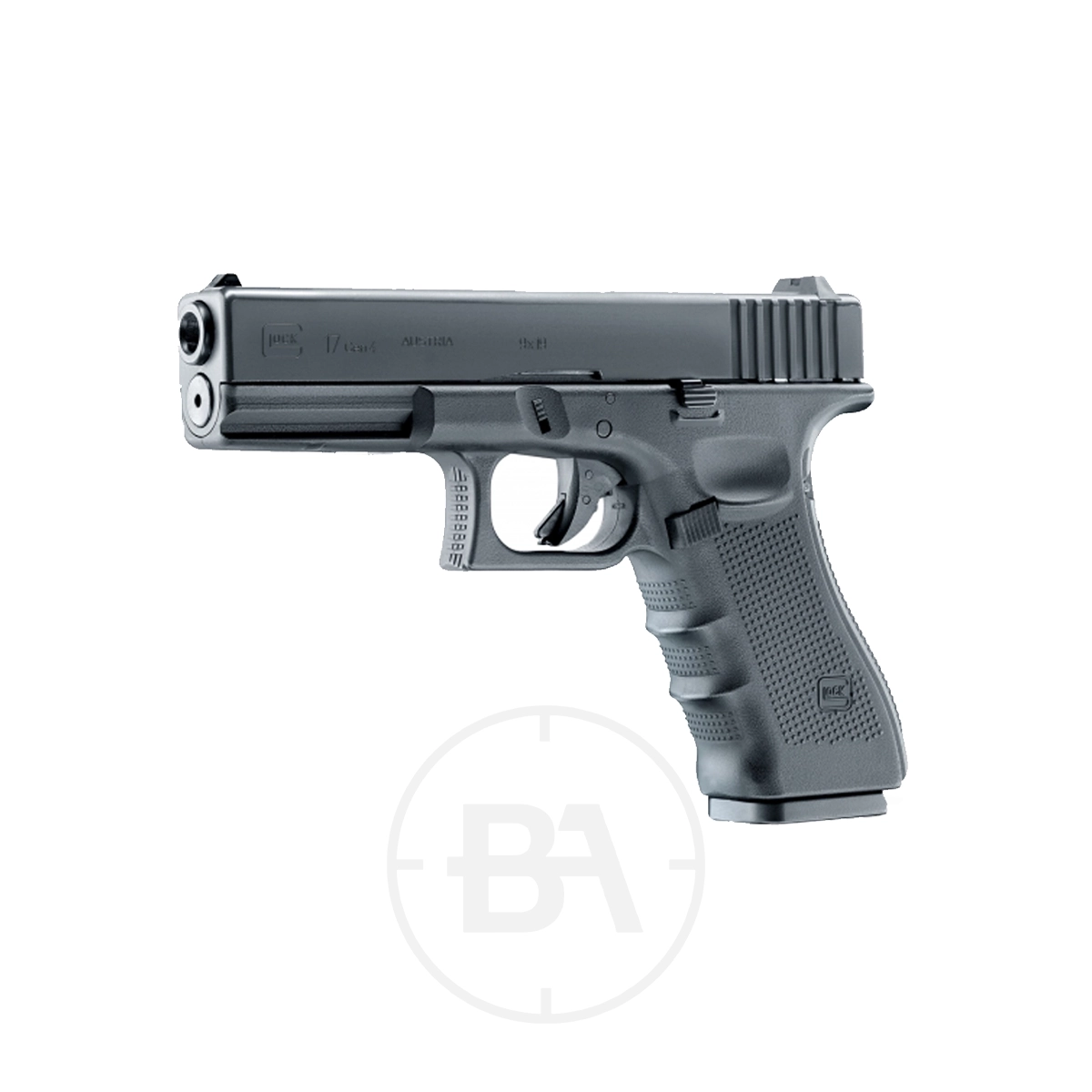 Glock 17 Gen4 CO2 BB Pistol 5 The Glock 17 Gen4 CO2 BB Pistol is shown from the front left, highlighting its black design, textured grip, and visible trigger.
