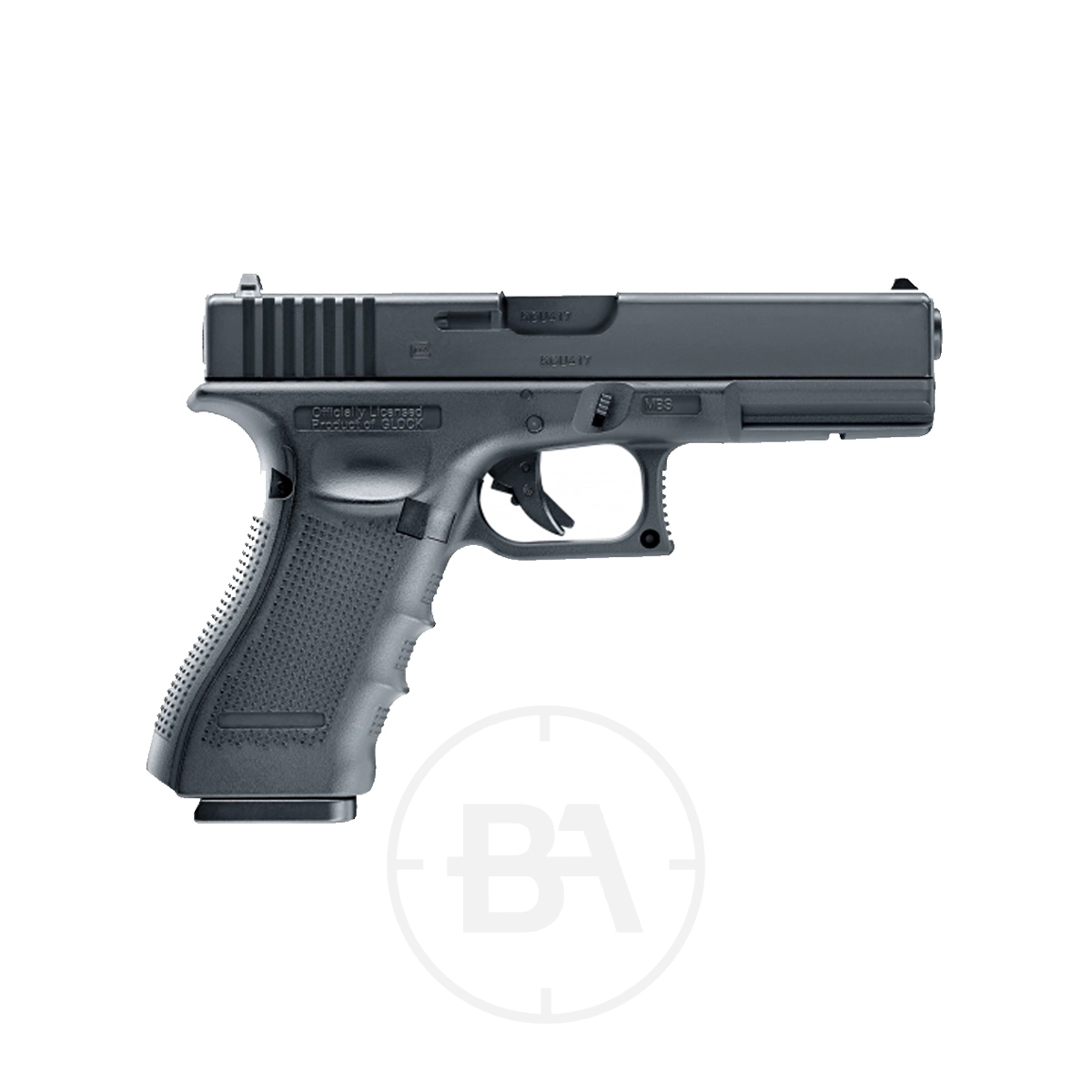 Glock 17 Gen4 CO2 BB Pistol 3 A Glock 17 Gen4 CO2 BB Pistol in black with a textured grip is shown from the side on a white background.