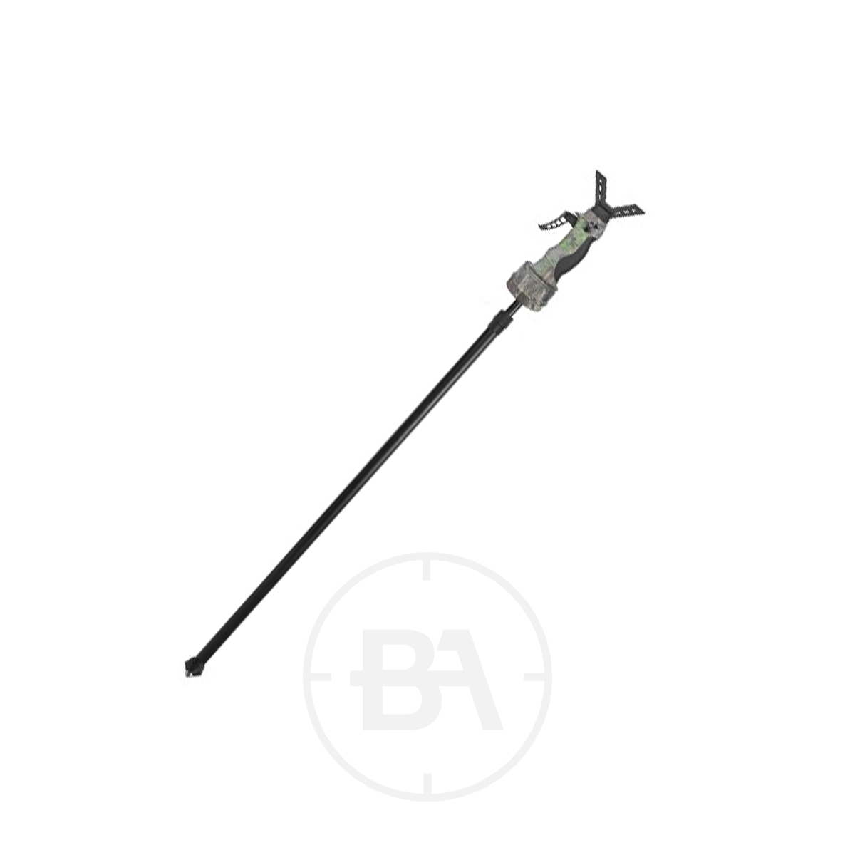 Fiery Deer Gen 5 Mono Shooting Stick 1 A long black pole with a mounted crossbow device, featuring camouflage pattern and adjustment knobs—perfect as the Fiery Deer Gen 5 Mono Shooting Stick for enhanced precision.