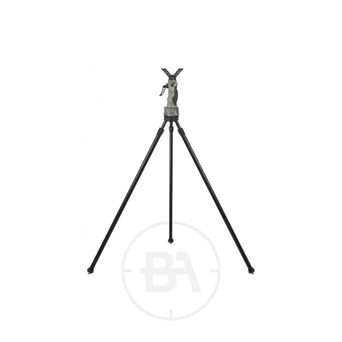 Fiery Deer Gen 5 Tripod Shooting Stick 1 A Fiery Deer Gen 5 Tripod Shooting Stick with extended black legs and a camouflage-patterned mounting head stands upright against a plain white background.
