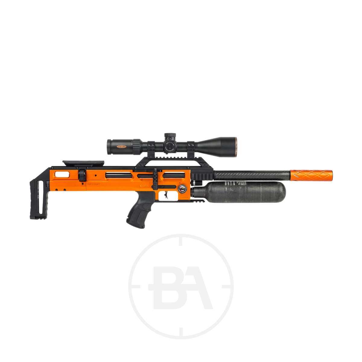 Brocock Ghost Bullpup PCP Air Rifle 7 Side view of a Brocock Ghost Bullpup PCP Air Rifle with an orange and black finish, mounted scope, and large air tank beneath the barrel, isolated on a white background.