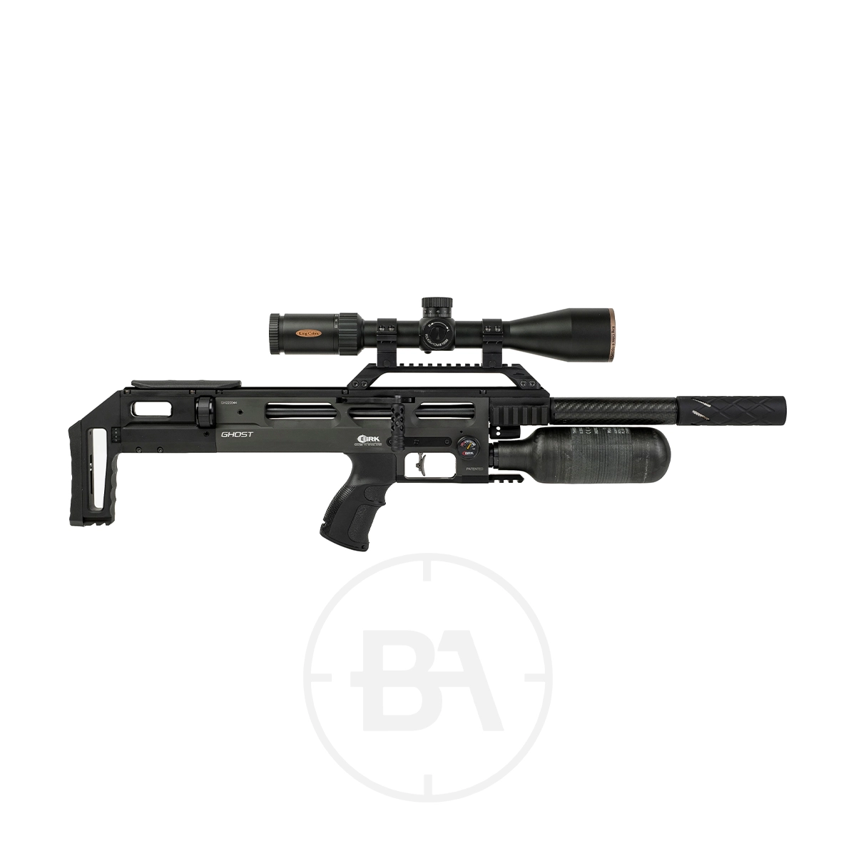 Brocock Ghost Bullpup PCP Air Rifle 1 A black, modern Brocock Ghost Bullpup PCP air rifle with a scope and adjustable stock, featuring a large air cylinder beneath the barrel, displayed on a white background.