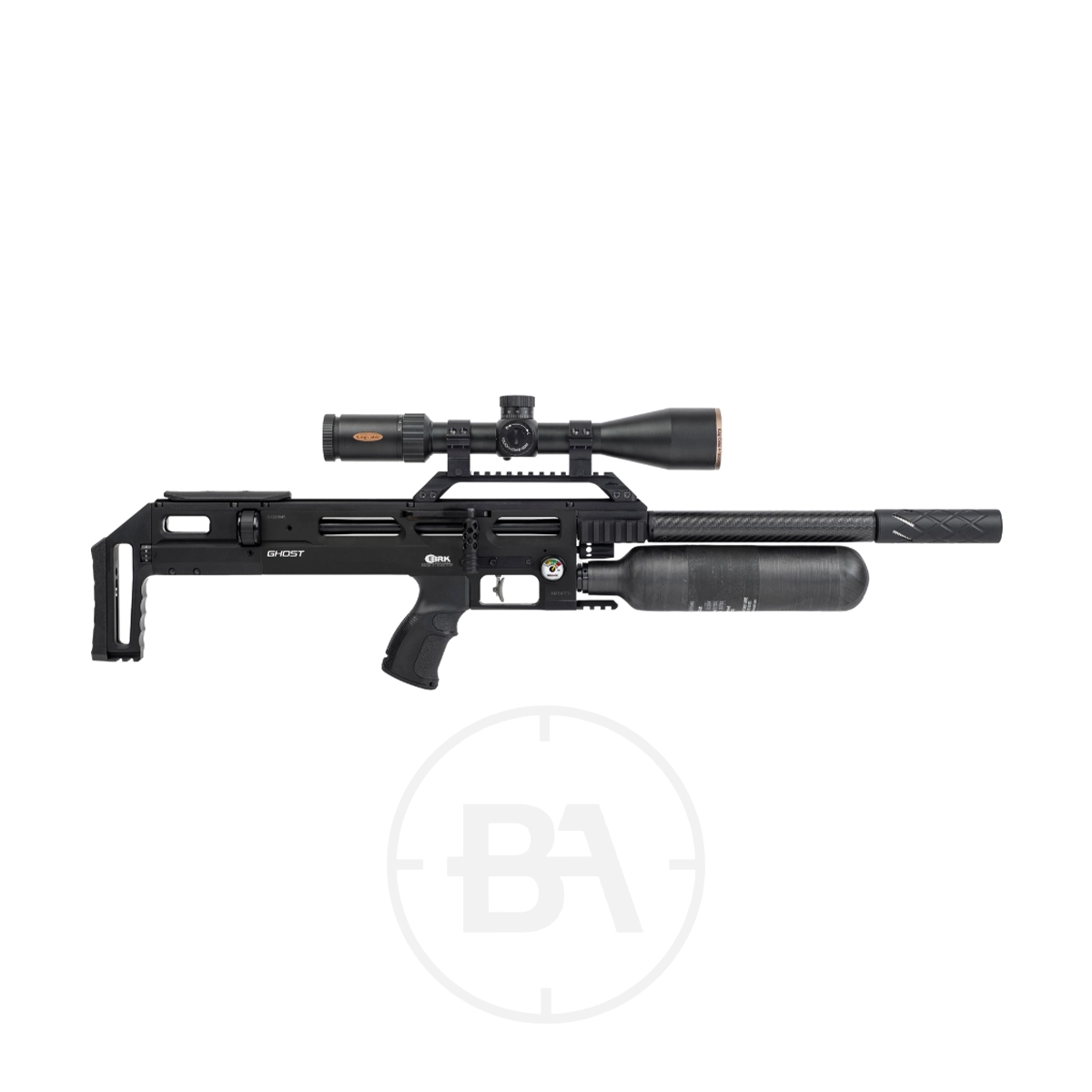 Brocock Ghost Bullpup PCP Air Rifle 3 Side view of a Brocock Ghost Bullpup PCP air rifle with a scope, adjustable stock, and a large air tank beneath the barrel, shown on a white background.