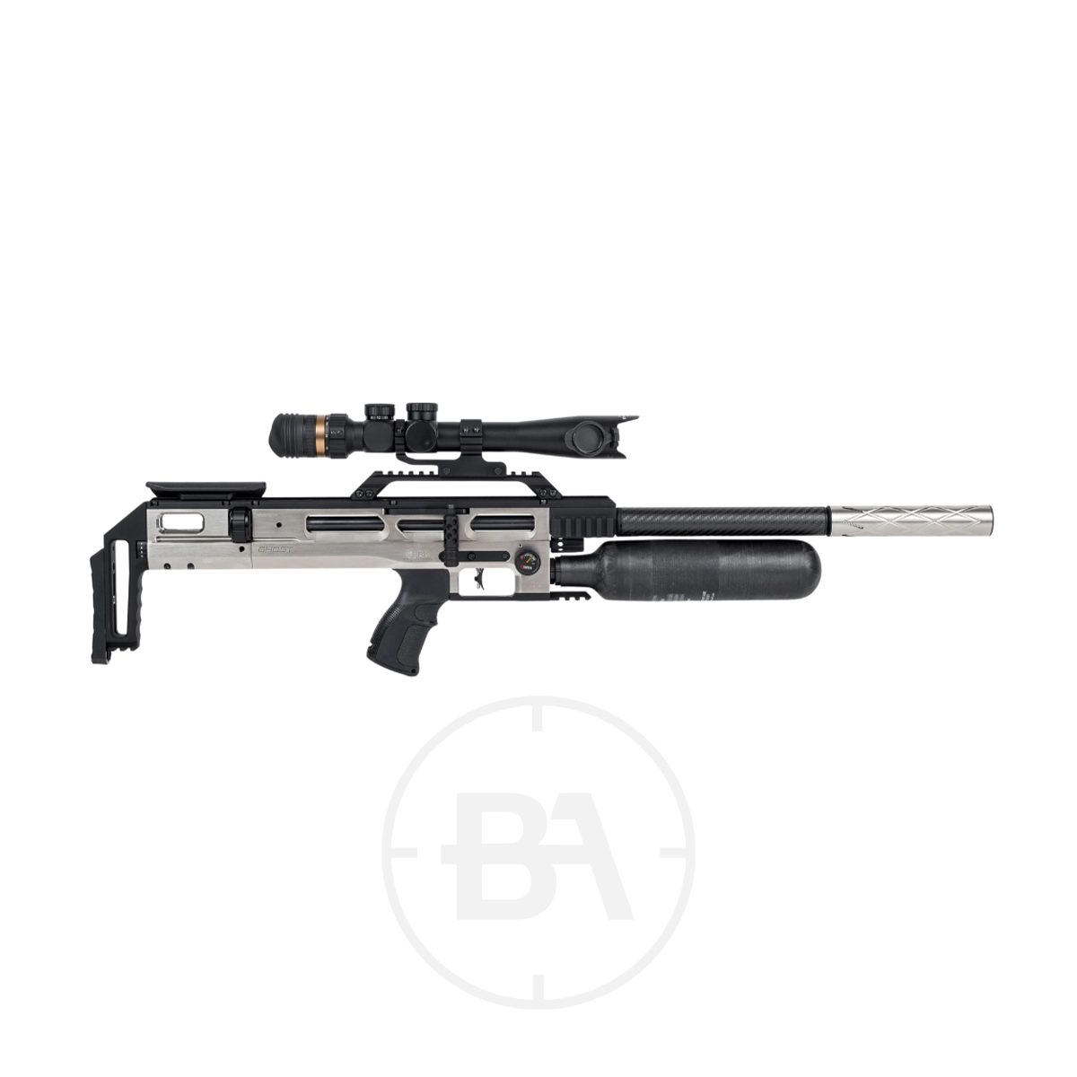 Brocock Ghost Bullpup PCP Air Rifle 5 Silver and black Brocock Ghost PCP Air Rifle with a mounted scope, adjustable stock, and large air cylinder in a compact bullpup design, displayed on a white background.