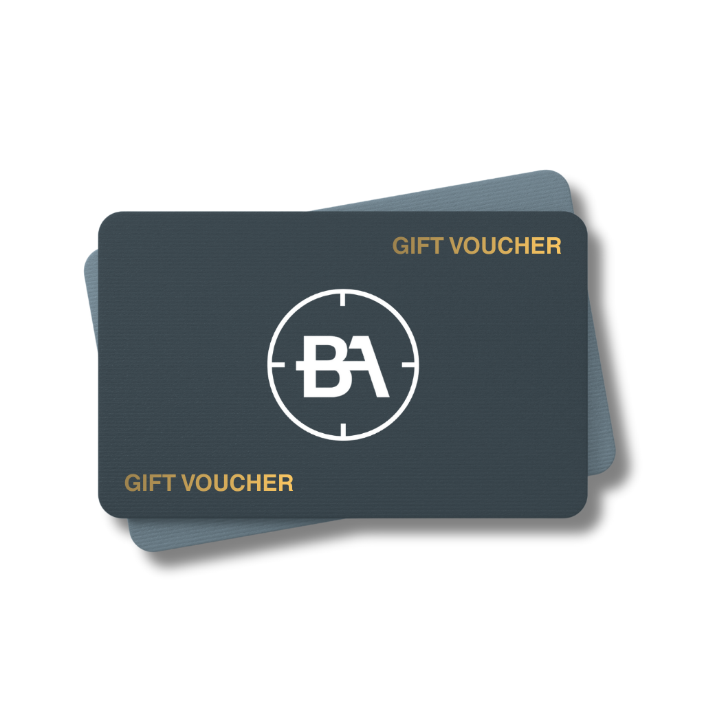 Bristol Airguns Gift Voucher 1 Two overlapping dark grey Bristol Airguns Gift Vouchers display "GIFT VOUCHER" in gold at two corners, with a white circular BA logo centred, all set against a clean white background.