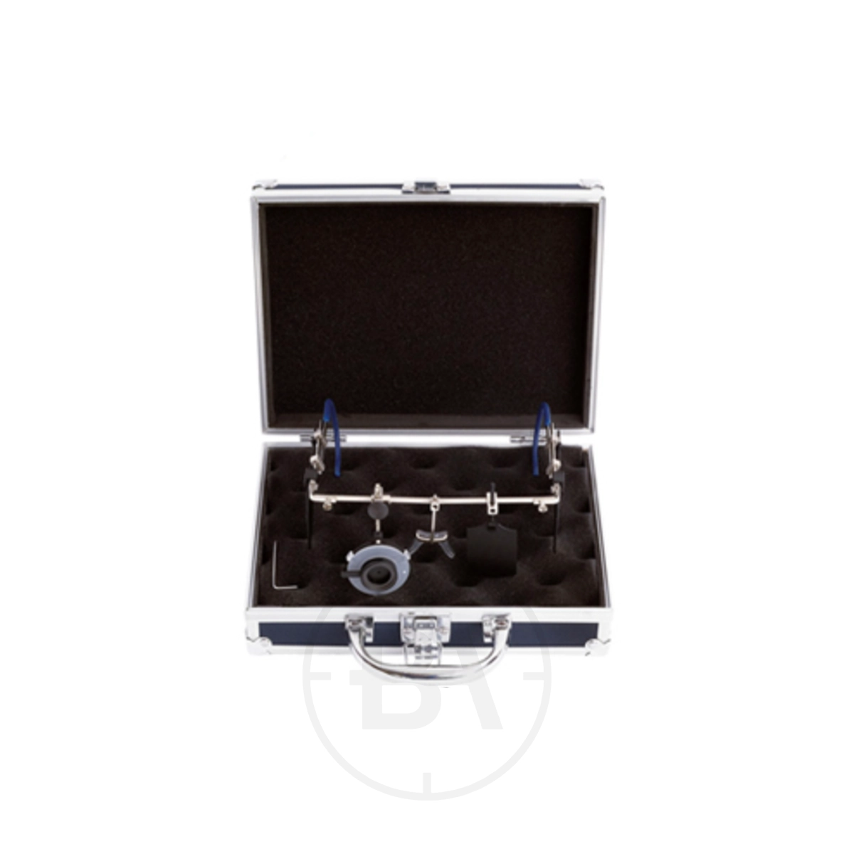 Gehmann 300 & 300P Shooting Frames With Lens Holder & Hard Case 3 A metal case securely holds an adjustable surgical instrument, neatly fitted into a foam cutout, reflecting the precision of Gehmann Frames With Lens Holder.