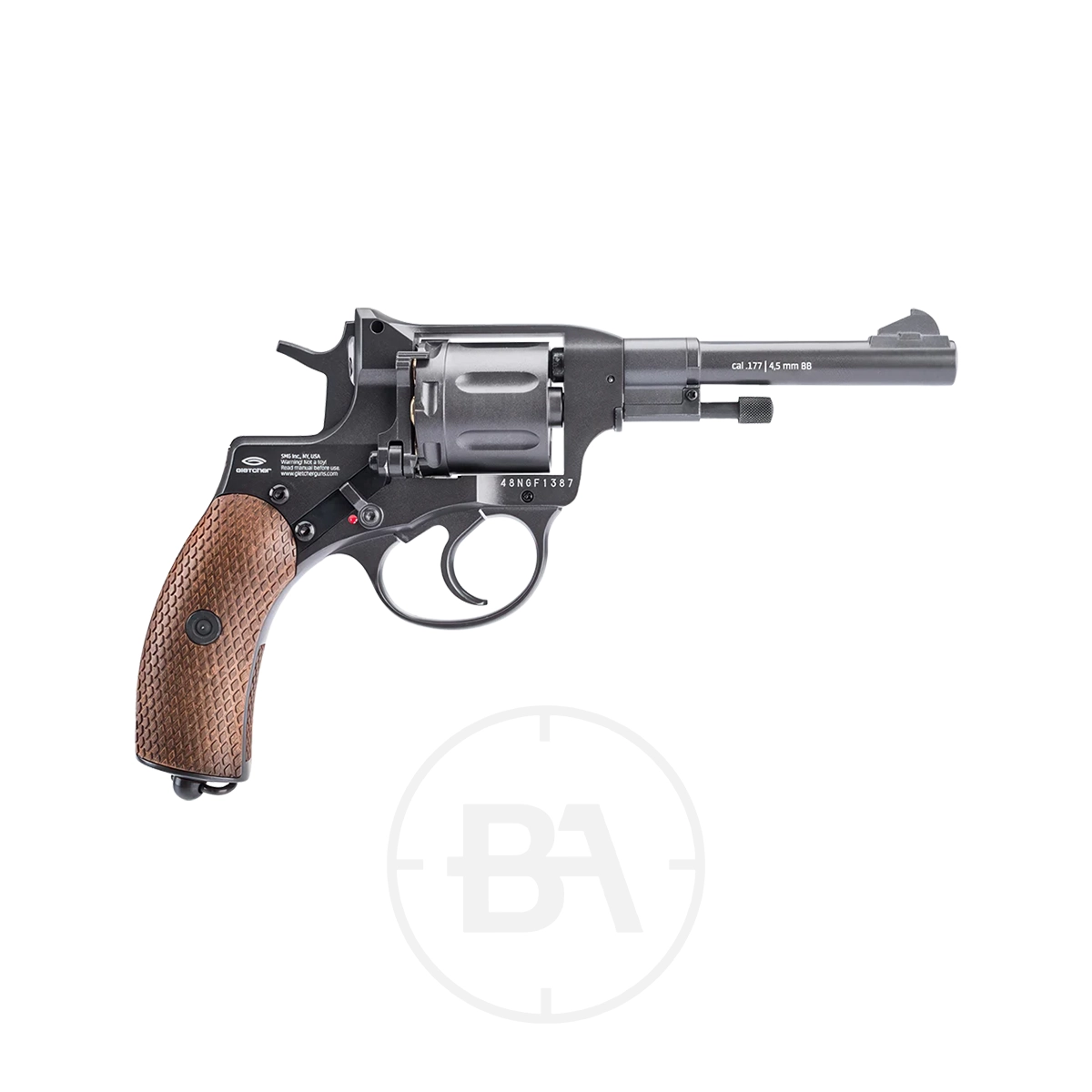 Gletcher Nagant Revolver CO2 Pistol 5 A side view of the Gletcher Nagant Revolver CO2 Pistol with a brown textured grip, long barrel, and cylinder is shown against a white background.