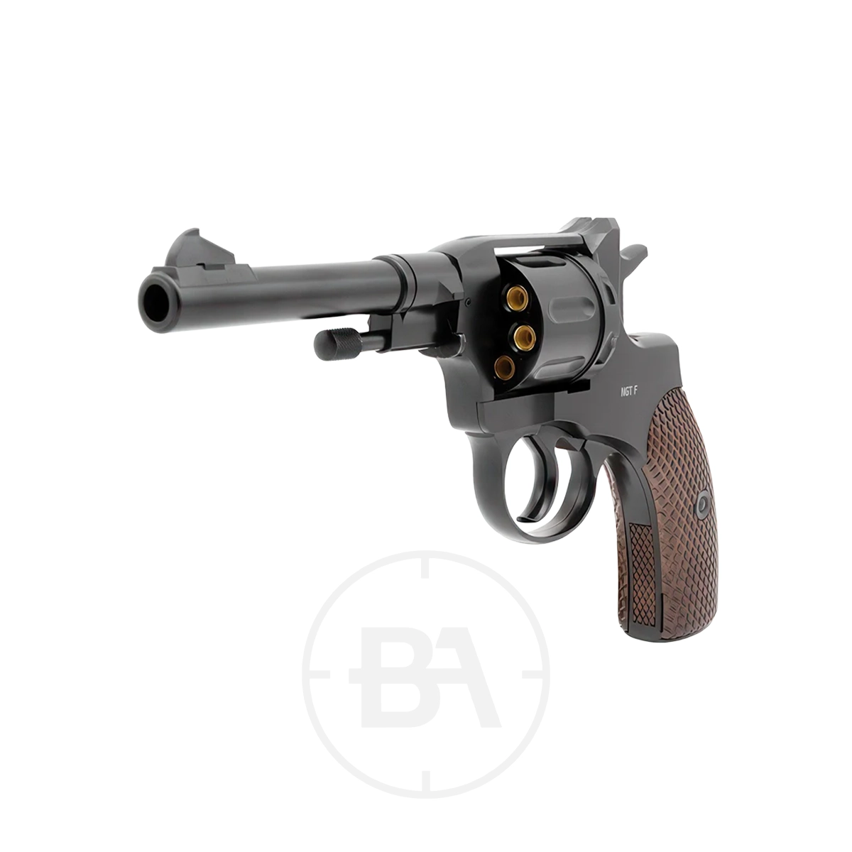 Gletcher Nagant Revolver CO2 Pistol 6 The Gletcher Nagant Revolver CO2 Pistol, featuring a black finish, long barrel, and brown textured grip, is displayed with its open cylinder revealing loaded chambers. The pistol is angled left on a white background.