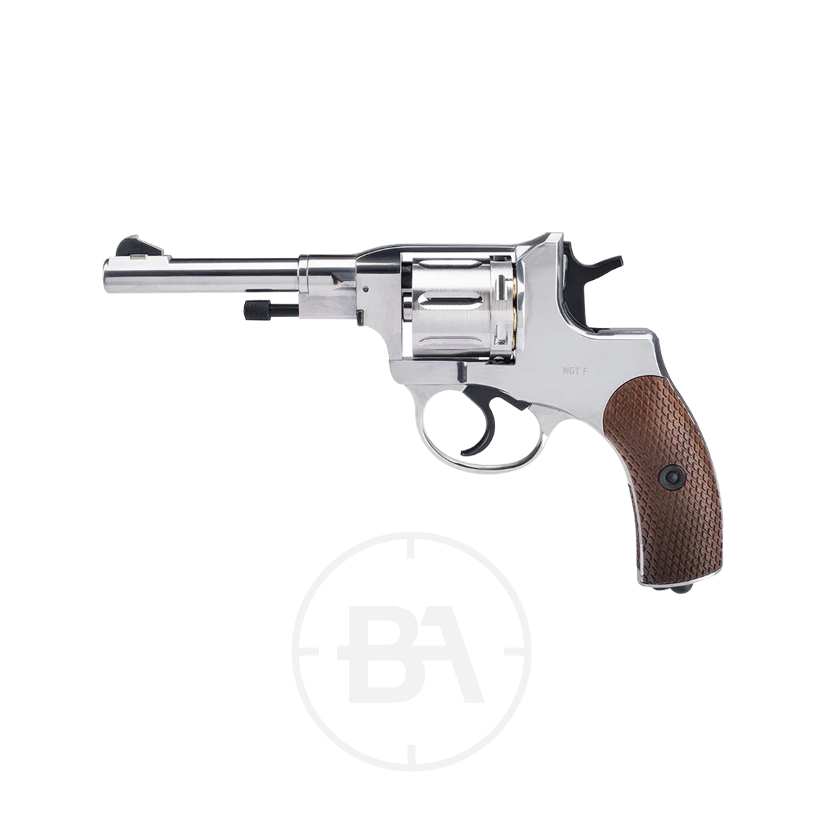 Gletcher Nagant Revolver CO2 Pistol 2 A Gletcher Nagant Revolver in silver with a brown textured grip is shown facing left against a plain white background.