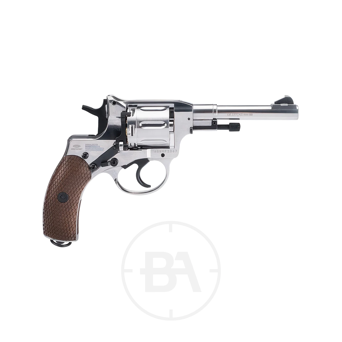 Gletcher Nagant Revolver CO2 Pistol 3 A Gletcher Nagant Revolver CO2 Pistol in silver with a brown textured grip is shown in side profile on a white background, hammer cocked back and barrel facing right.