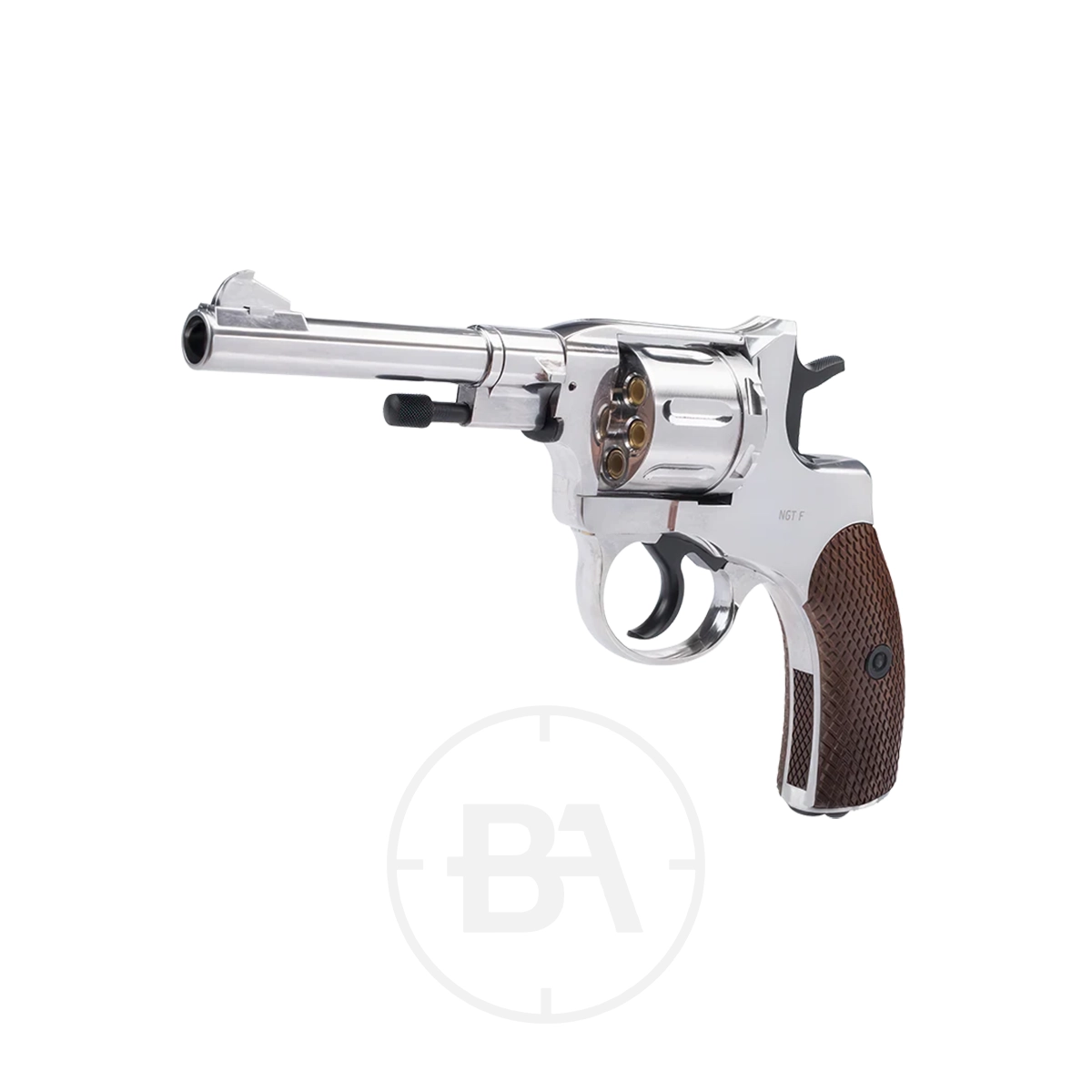 Gletcher Nagant Revolver CO2 Pistol 4 A Gletcher Nagant Revolver CO2 Pistol with a silver finish and brown textured grip is shown from an angle highlighting its barrel, open cylinder with visible bullets, and trigger against a plain white background.