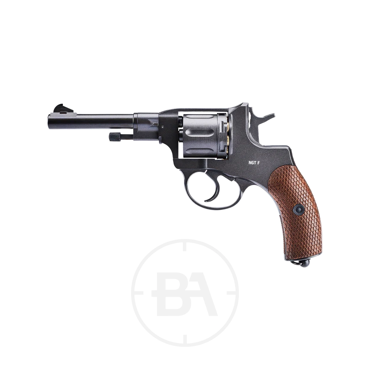 Gletcher Nagant Revolver CO2 Pistol 1 A black Gletcher Nagant Revolver CO2 pistol with a brown textured grip, shown in profile against a white background.