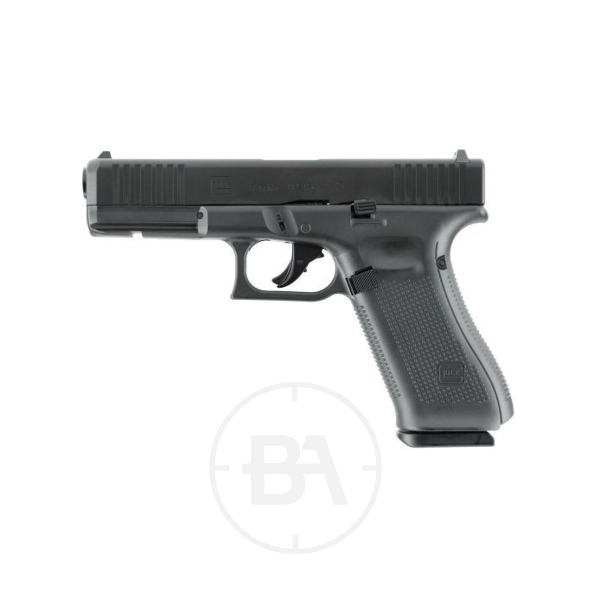Glock 17 Gen 5 CO2 Paintball Pistol With Hard Case 1 A Glock 17 Gen 5 CO2 paintball pistol is displayed in black, shown from the side against a plain white background.