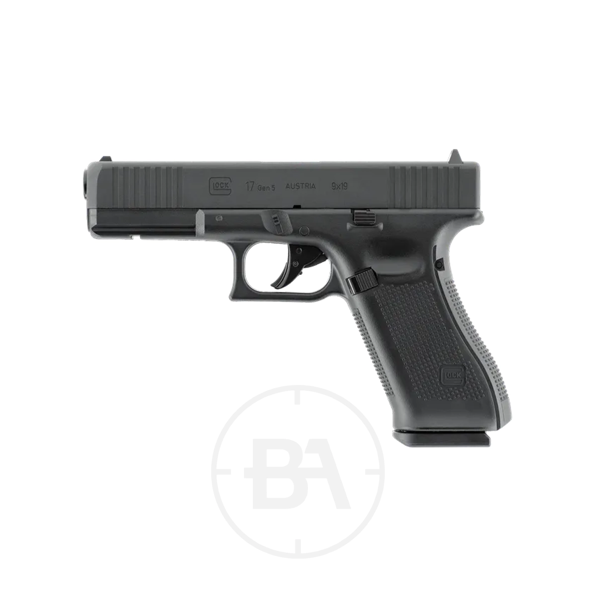 Glock 17 Gen5 CO2 Pistol 1 The Glock 17 Gen5 CO2 Pistol is displayed in a black, semi-automatic design, shown from the side against a white background.
