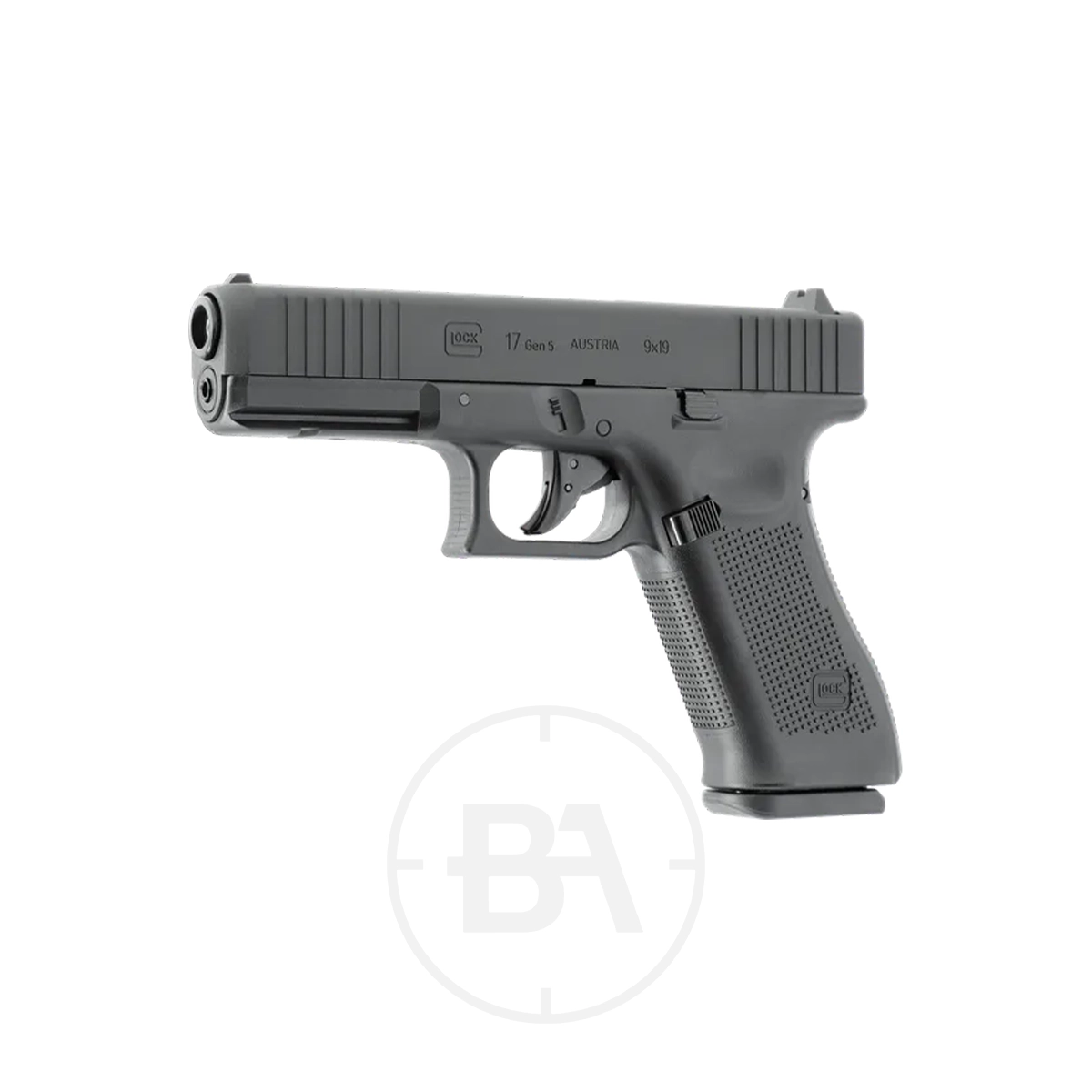 Glock 17 Gen5 CO2 Pistol 3 A Glock 17 Gen5 CO2 Pistol in black is displayed angled to the left on a white background, with a faint circular "BA" logo visible beneath the airsoft gun.