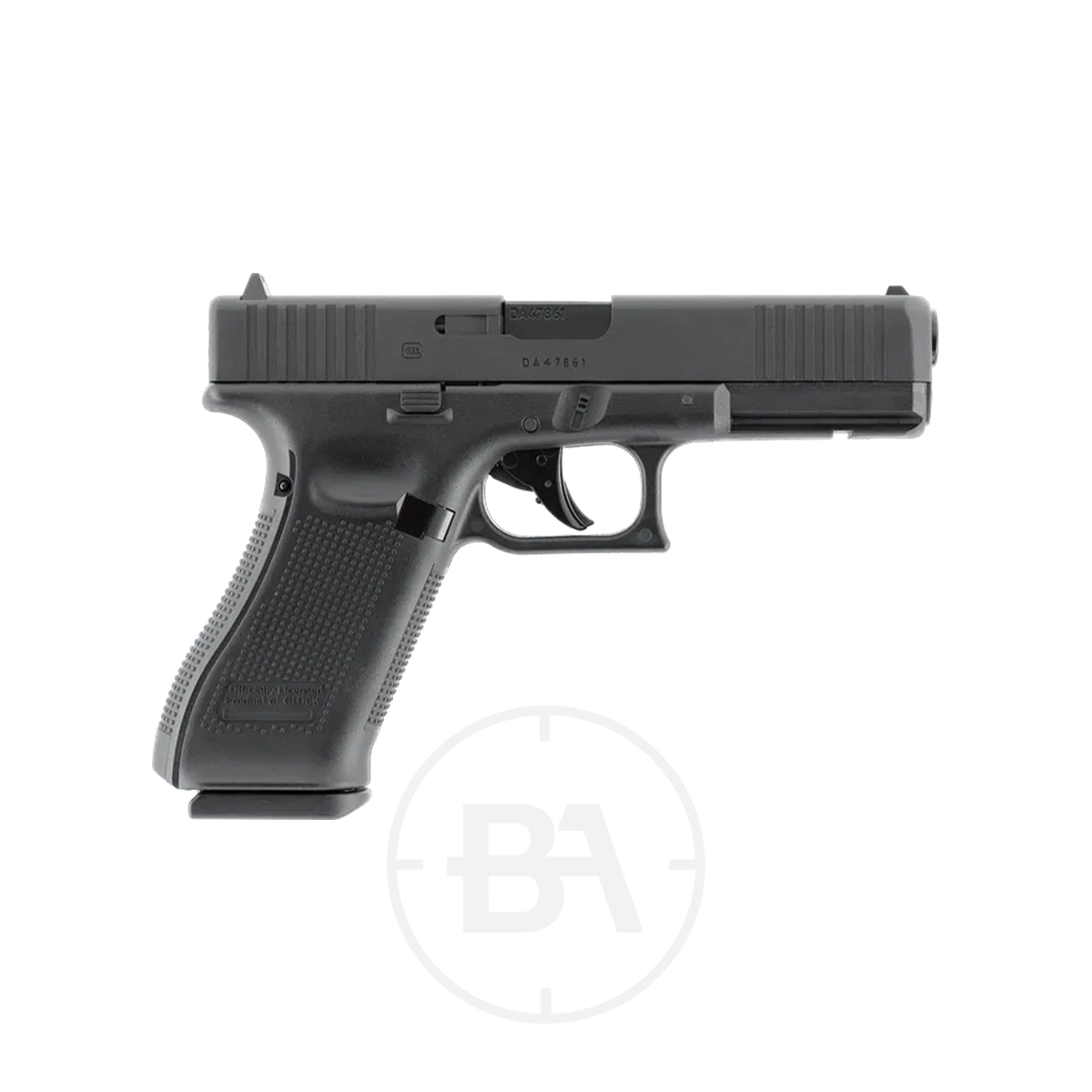 Glock 17 Gen5 CO2 Pistol 5 A Glock 17 Gen5 CO2 Pistol, shown in black from the side, highlights its grip, trigger, and barrel against a plain white background.