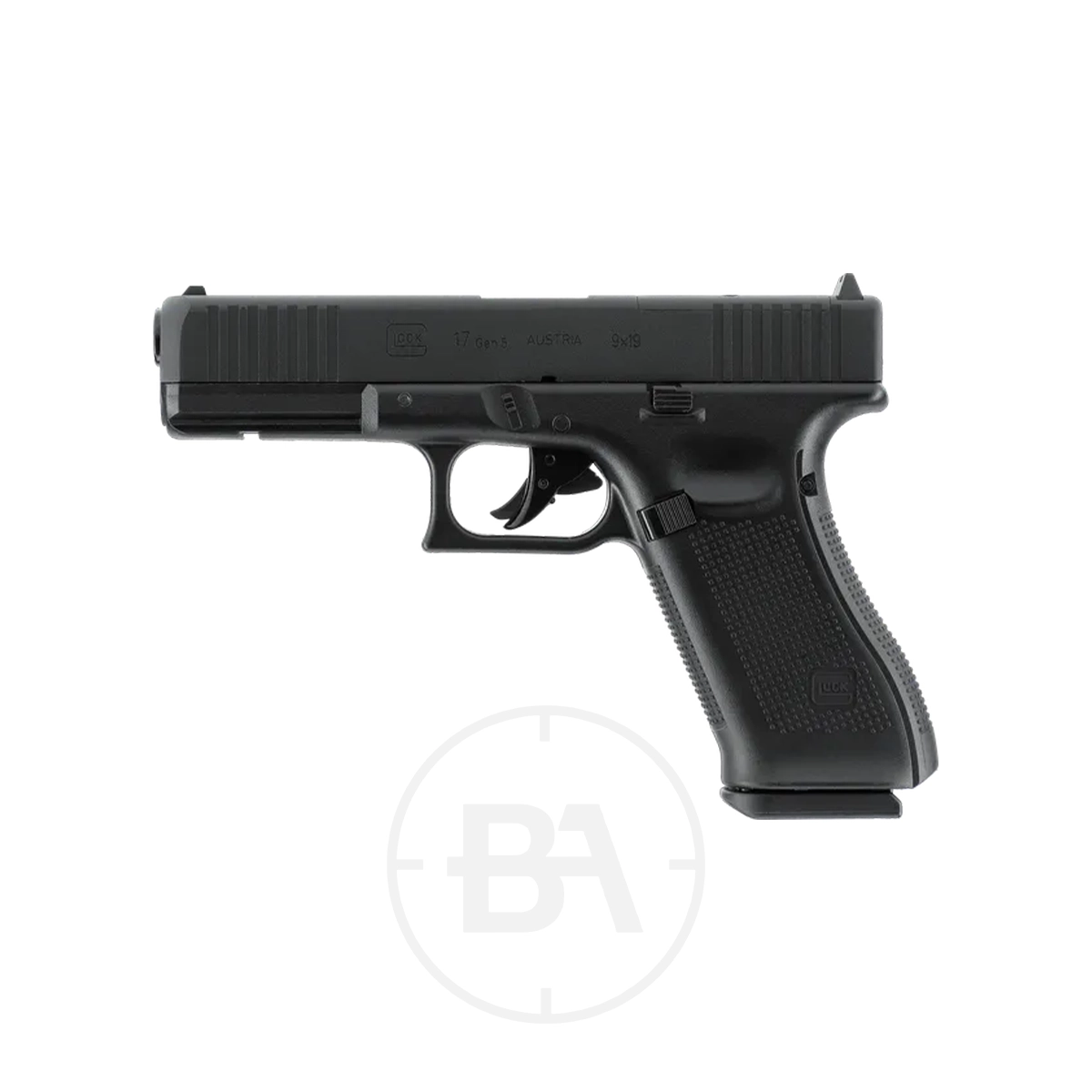 Glock 17 Gen5 MOS CO2 Pistol 1 A Glock 17 Gen5 MOS CO2 Pistol in black, featuring a textured grip and shown in side profile against a plain white background.