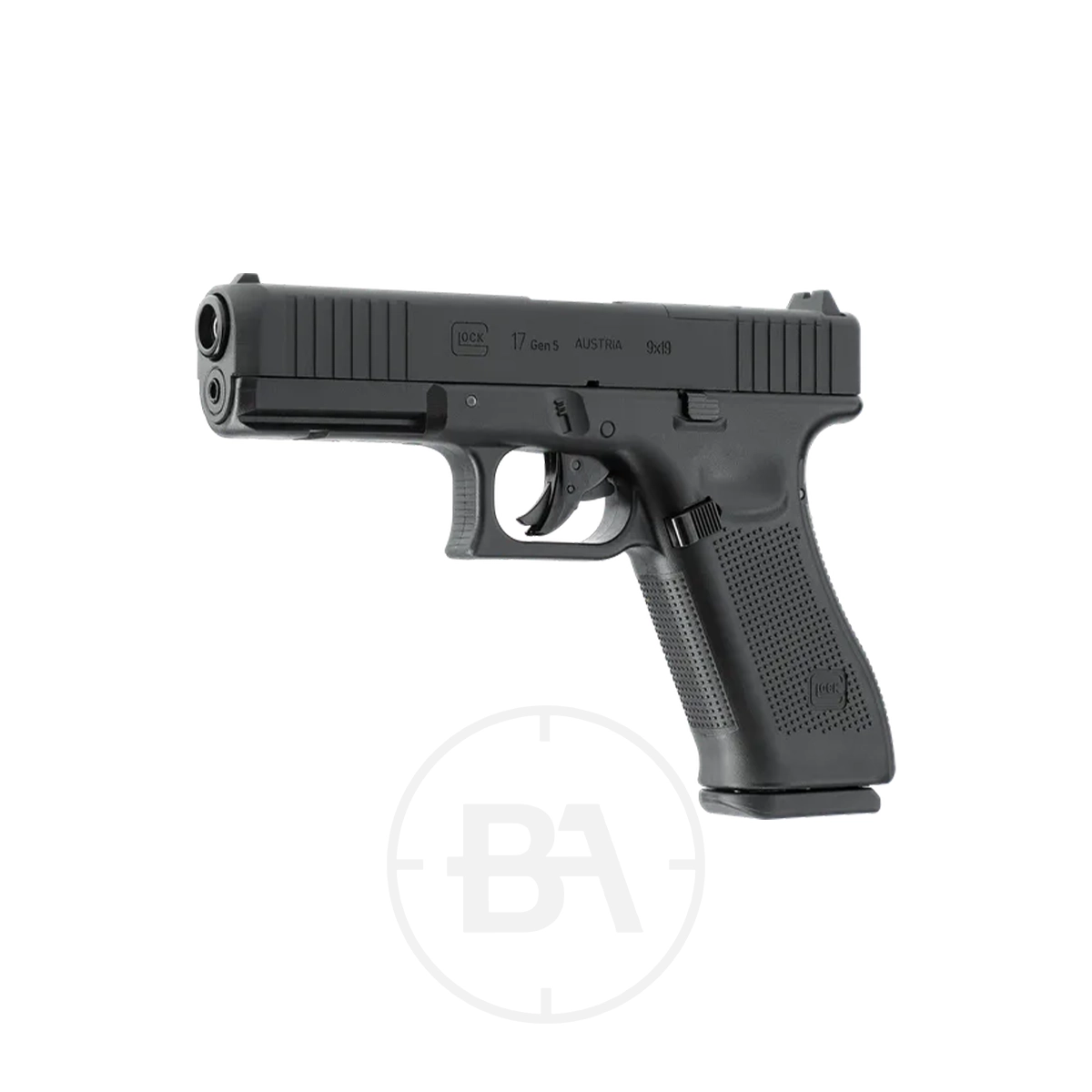 Glock 17 Gen5 MOS CO2 Pistol 3 A black Glock 17 Gen5 MOS CO2 Pistol, shown from the front left, features a textured grip and slide serrations. The semi-automatic handgun is isolated on a white background.