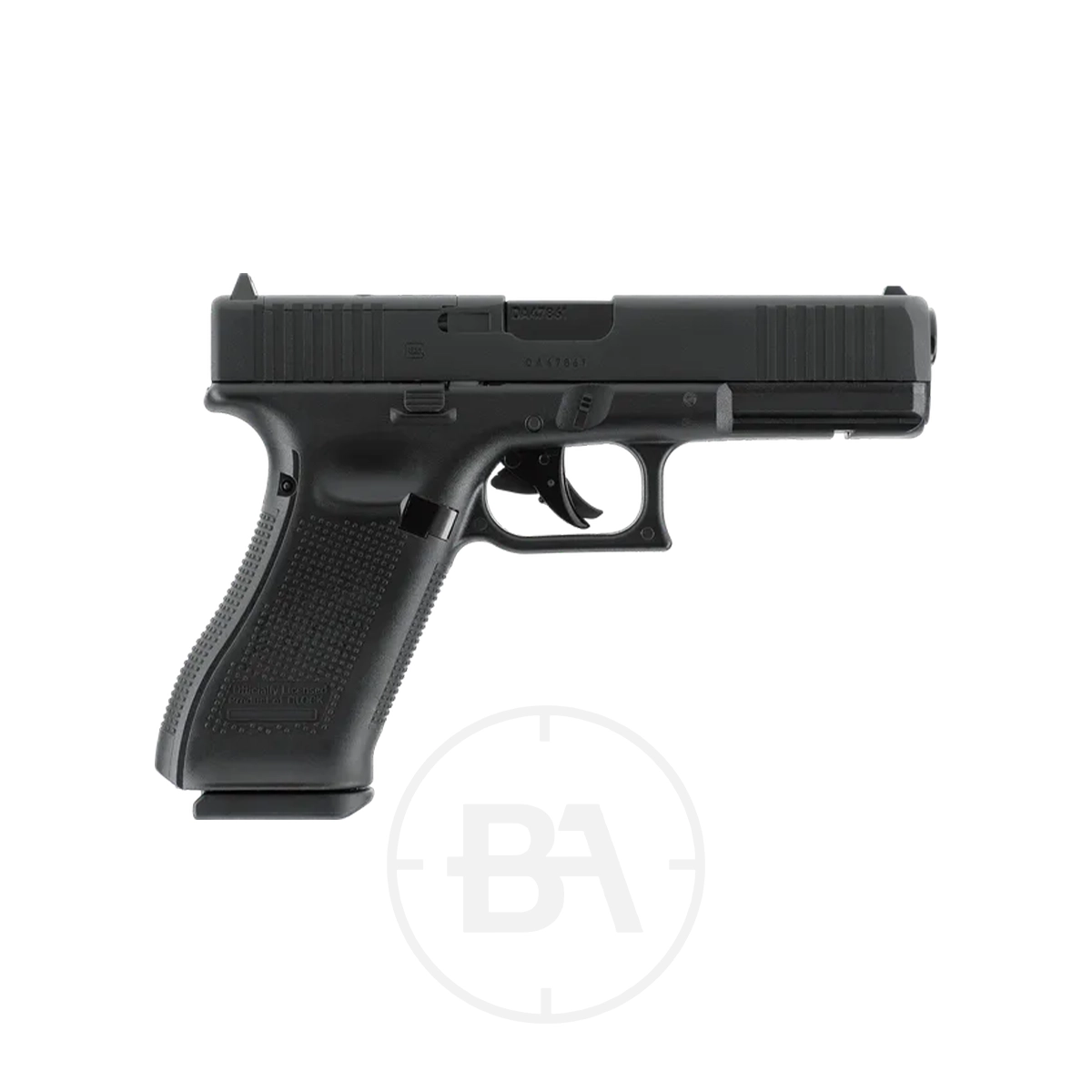Glock 17 Gen5 MOS CO2 Pistol 5 A black Glock 17 Gen5 MOS CO2 Pistol, shown left-side with textured grip and trigger visible, isolated on a white background.