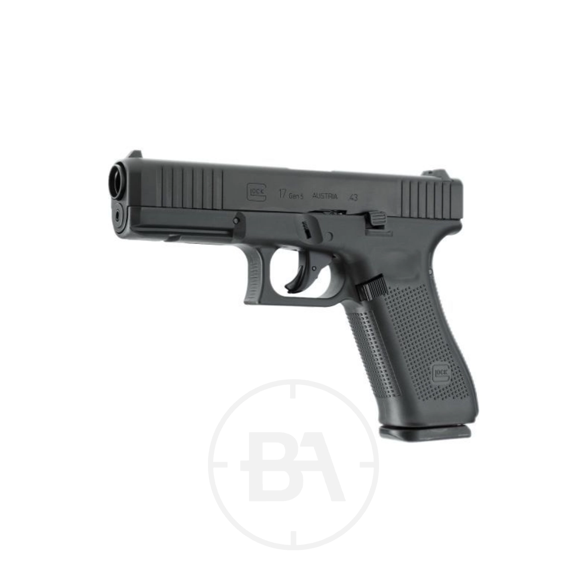 Glock 17 Gen 5 CO2 Paintball Pistol With Hard Case 2 The Glock 17 Gen 5 CO2 Paintball Pistol, a black semi-automatic handgun replica, is shown isolated on a white background and mirrors the style and design of the original firearm.
