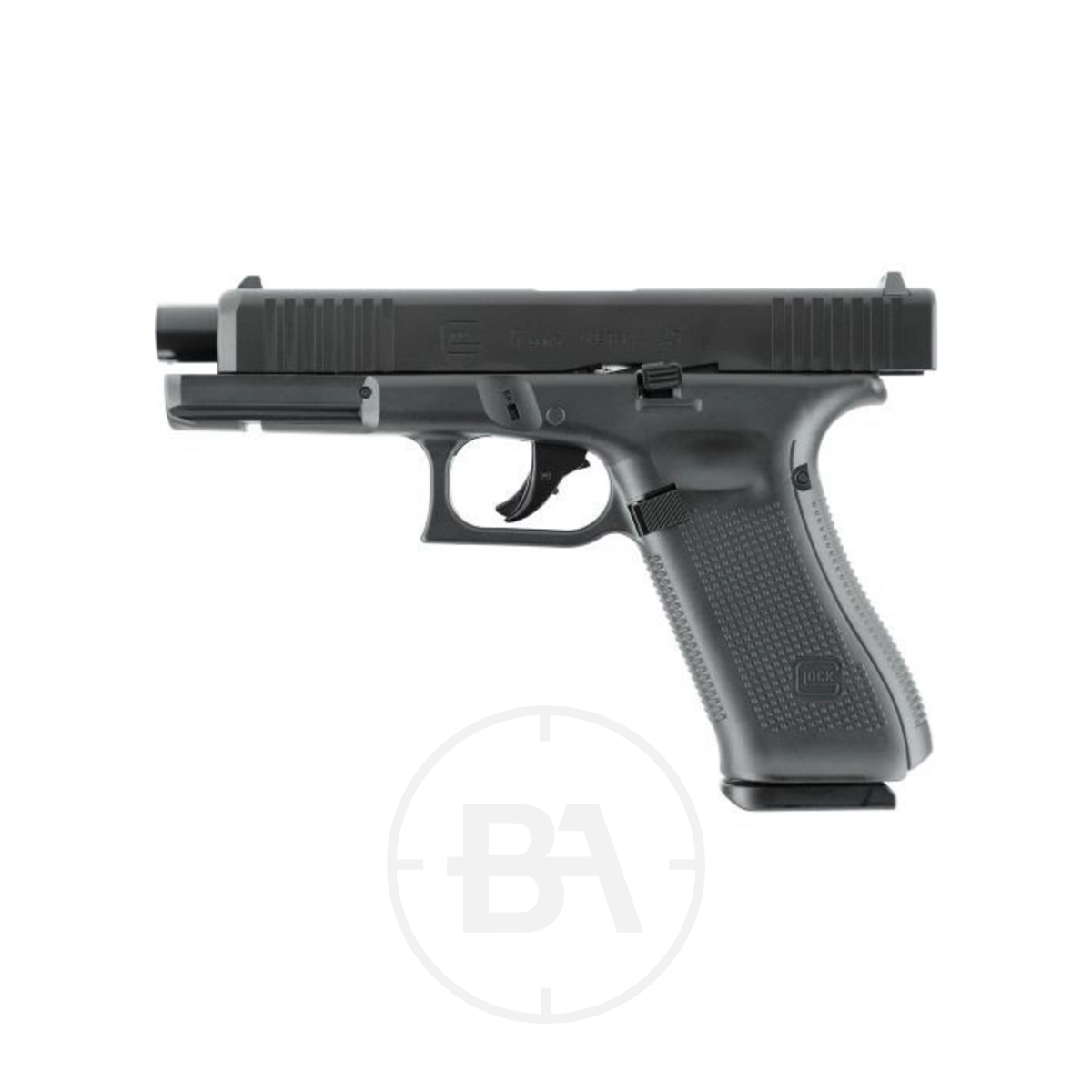 Glock 17 Gen 5 CO2 Paintball Pistol With Hard Case 3 A black Glock 17 Gen 5 CO2 Paintball Pistol, seen from the side with its slide partially pulled back to reveal the barrel.